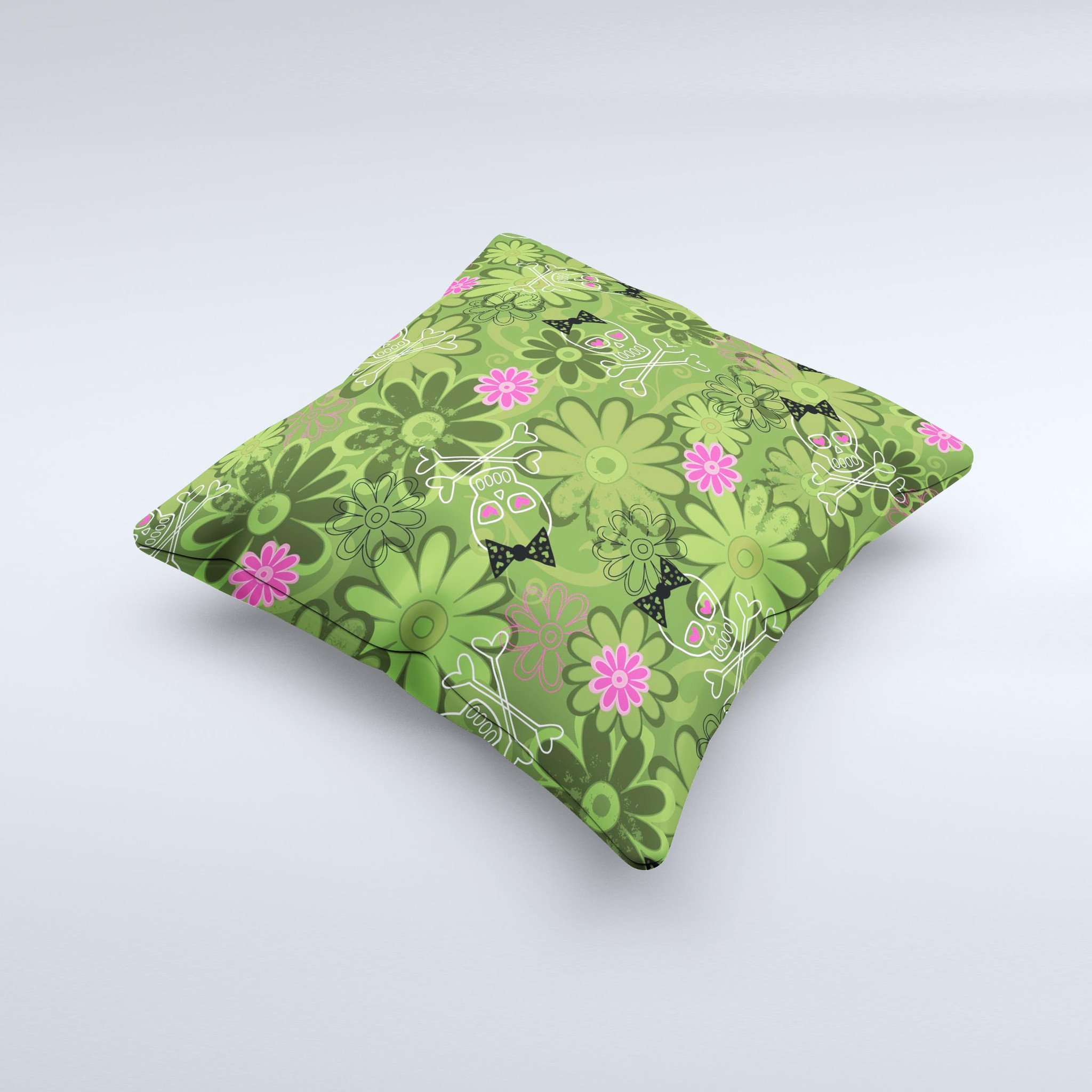 Green decorative throw pillow featuring a retro floral and skull design, handcrafted in Virginia with high-quality materials.