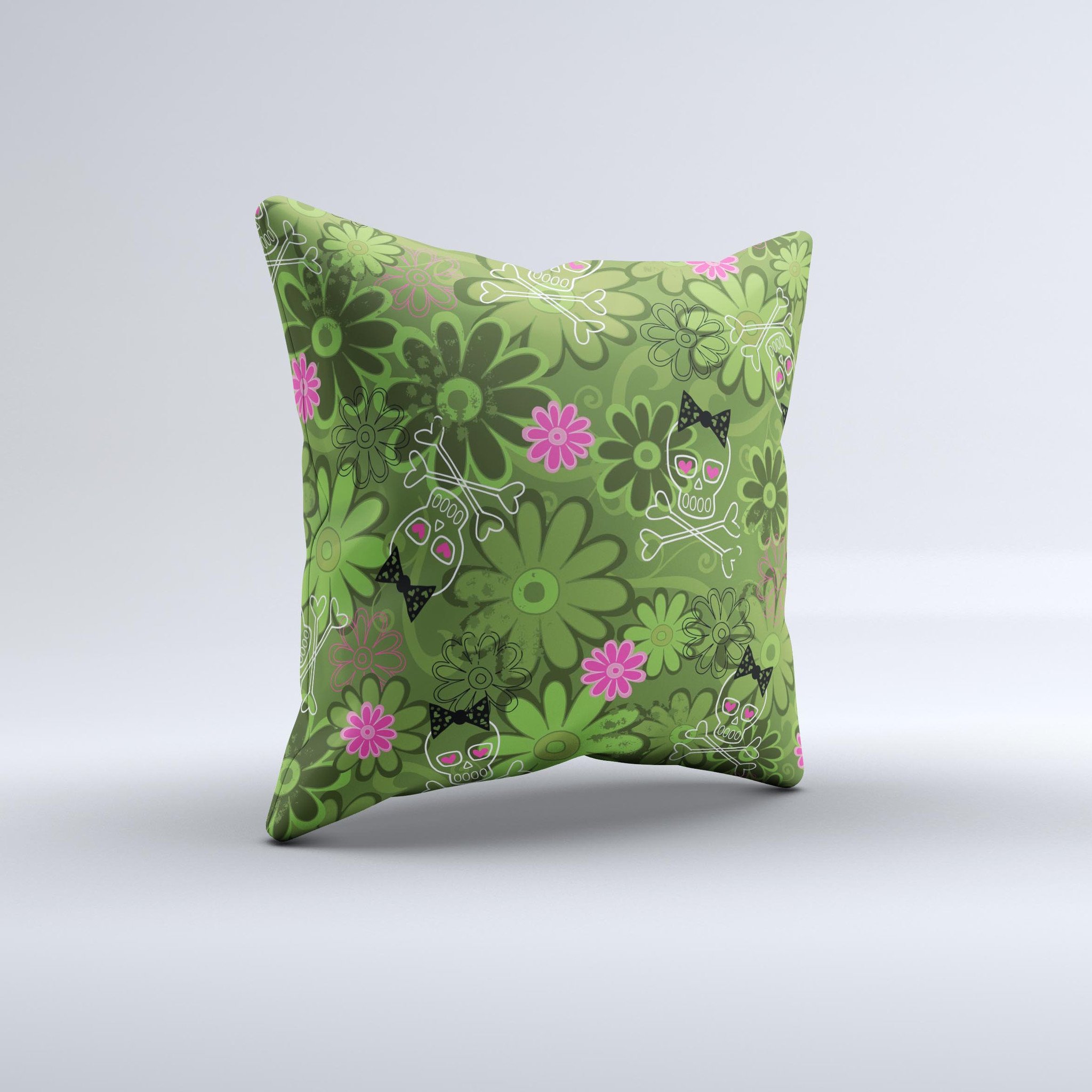 Green decorative throw pillow featuring a retro floral and skull design, handcrafted in Virginia with high-quality materials.