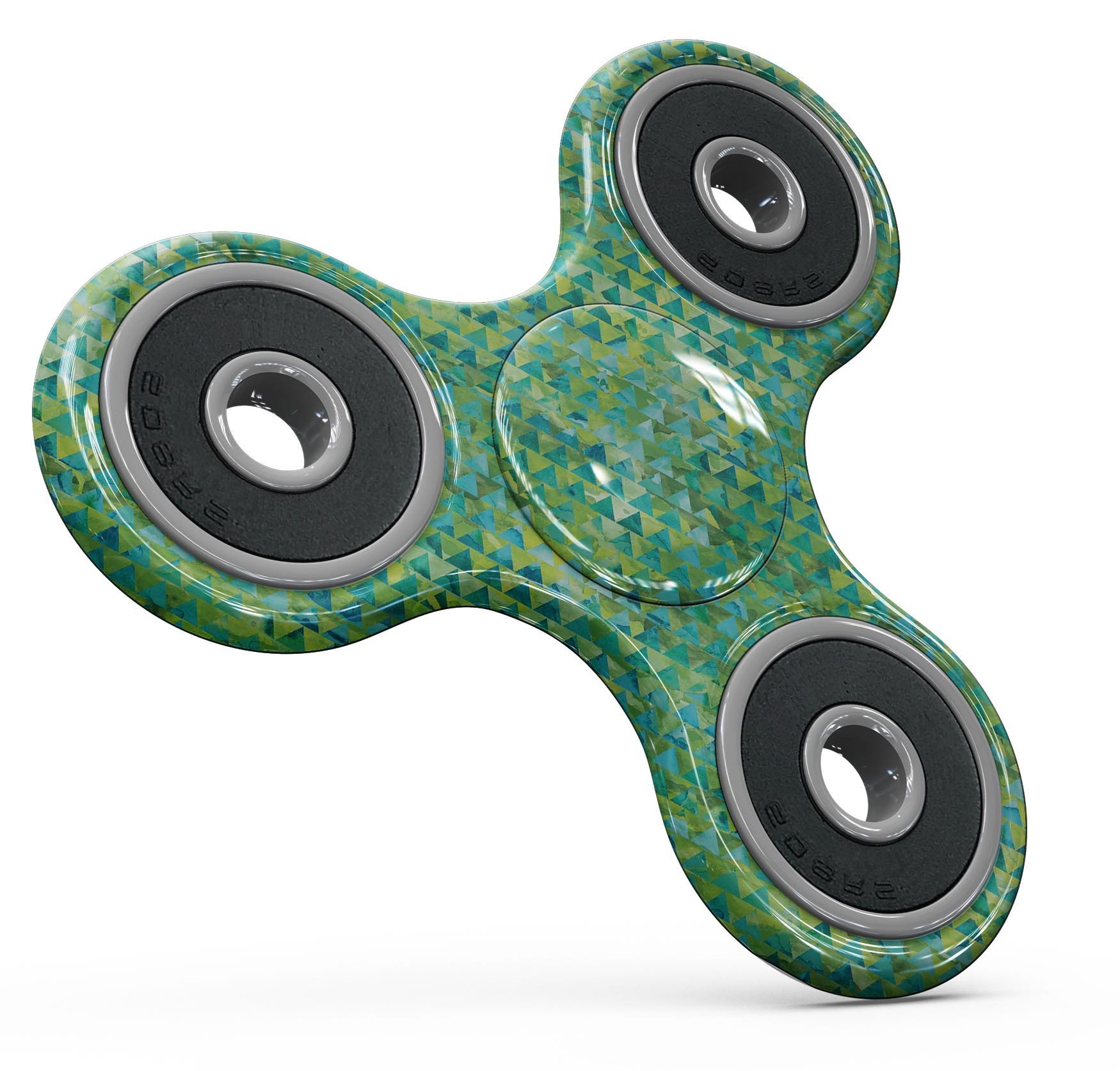 Green textured triangle pattern full-body skin kit for fidget spinner, showcasing vibrant colors and unique design.