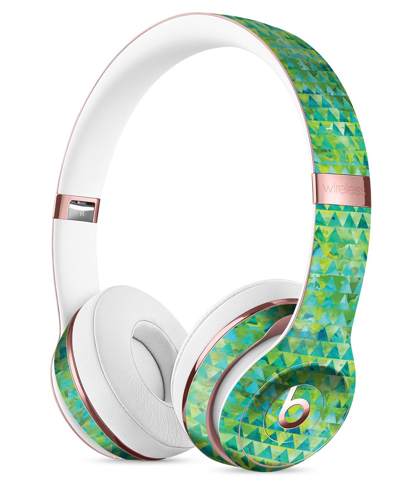 Green Textured Triangle Pattern Full-Body Skin Kit designed for Beats by Dre Solo 3 Wireless Headphones, showcasing vibrant design and premium vinyl material.