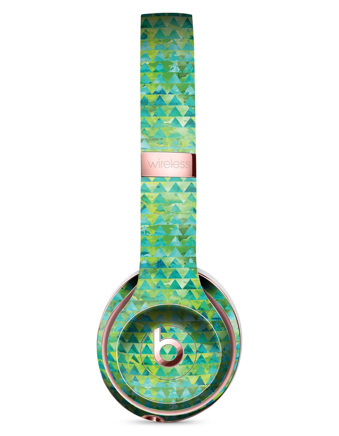 Green Textured Triangle Pattern Full-Body Skin Kit designed for Beats by Dre Solo 3 Wireless Headphones, showcasing vibrant design and premium vinyl material.