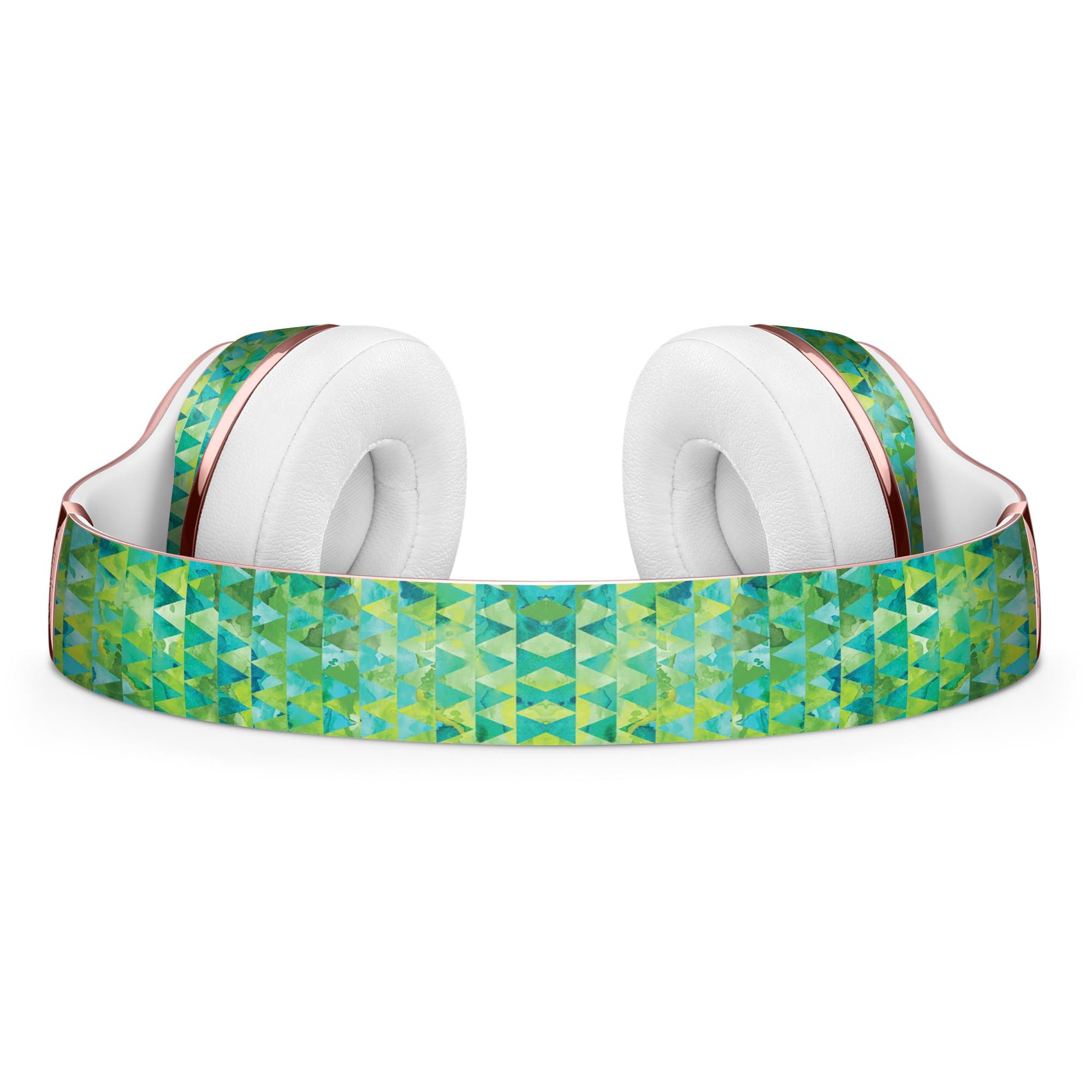 Green Textured Triangle Pattern Full-Body Skin Kit designed for Beats by Dre Solo 3 Wireless Headphones, showcasing vibrant design and premium vinyl material.