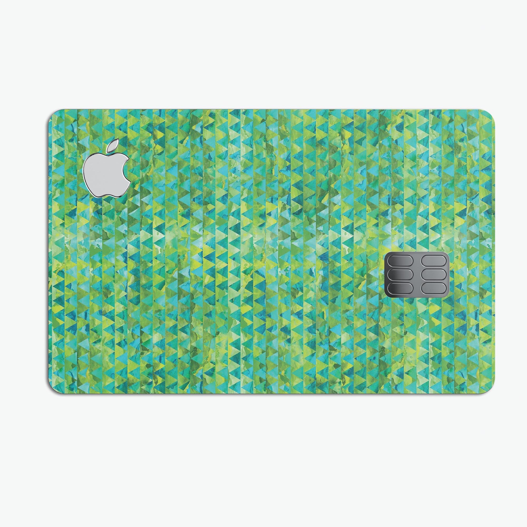 Green textured triangle pattern decal skin for Apple Card, showcasing premium vinyl material and stylish design.