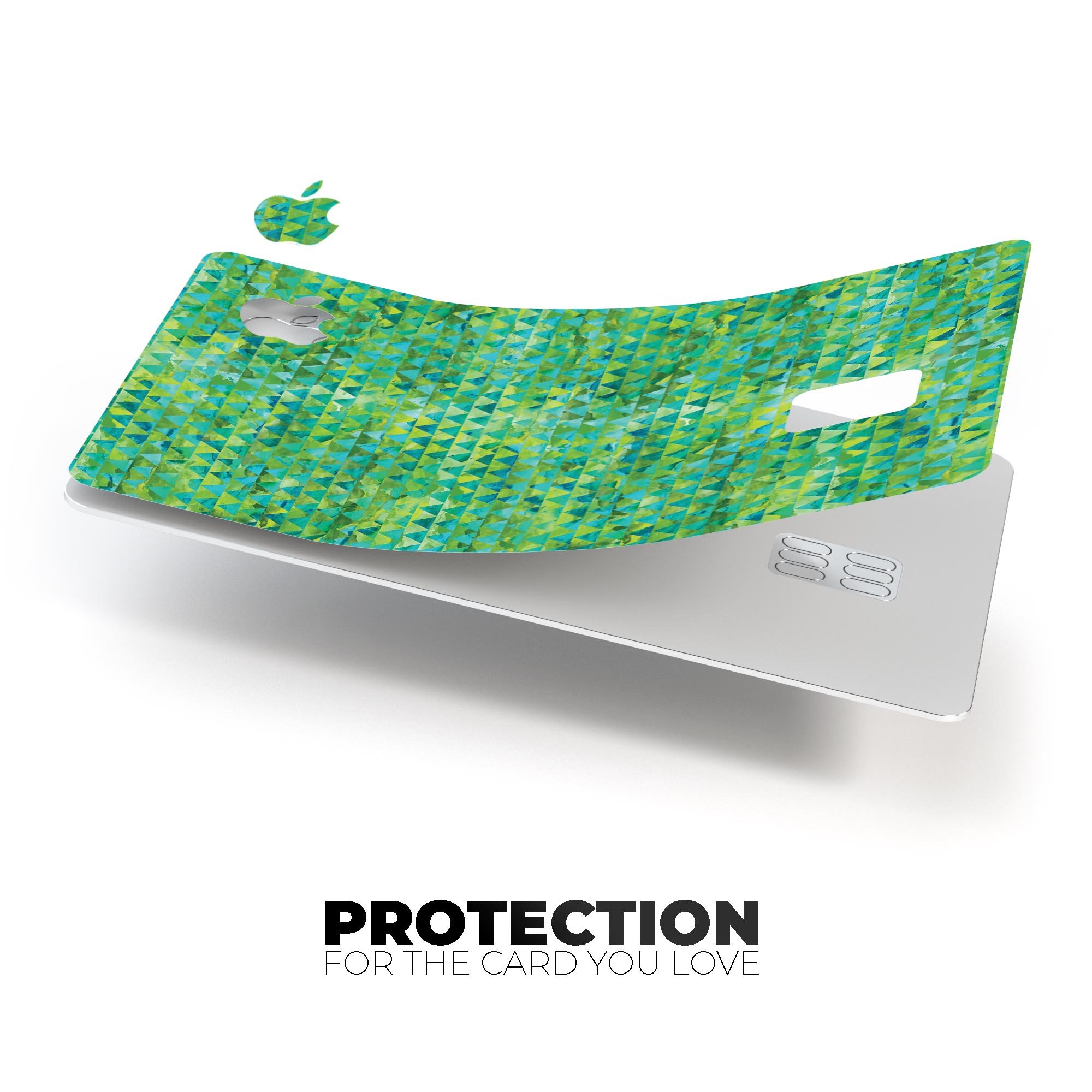 Green textured triangle pattern decal skin for Apple Card, showcasing premium vinyl material and stylish design.