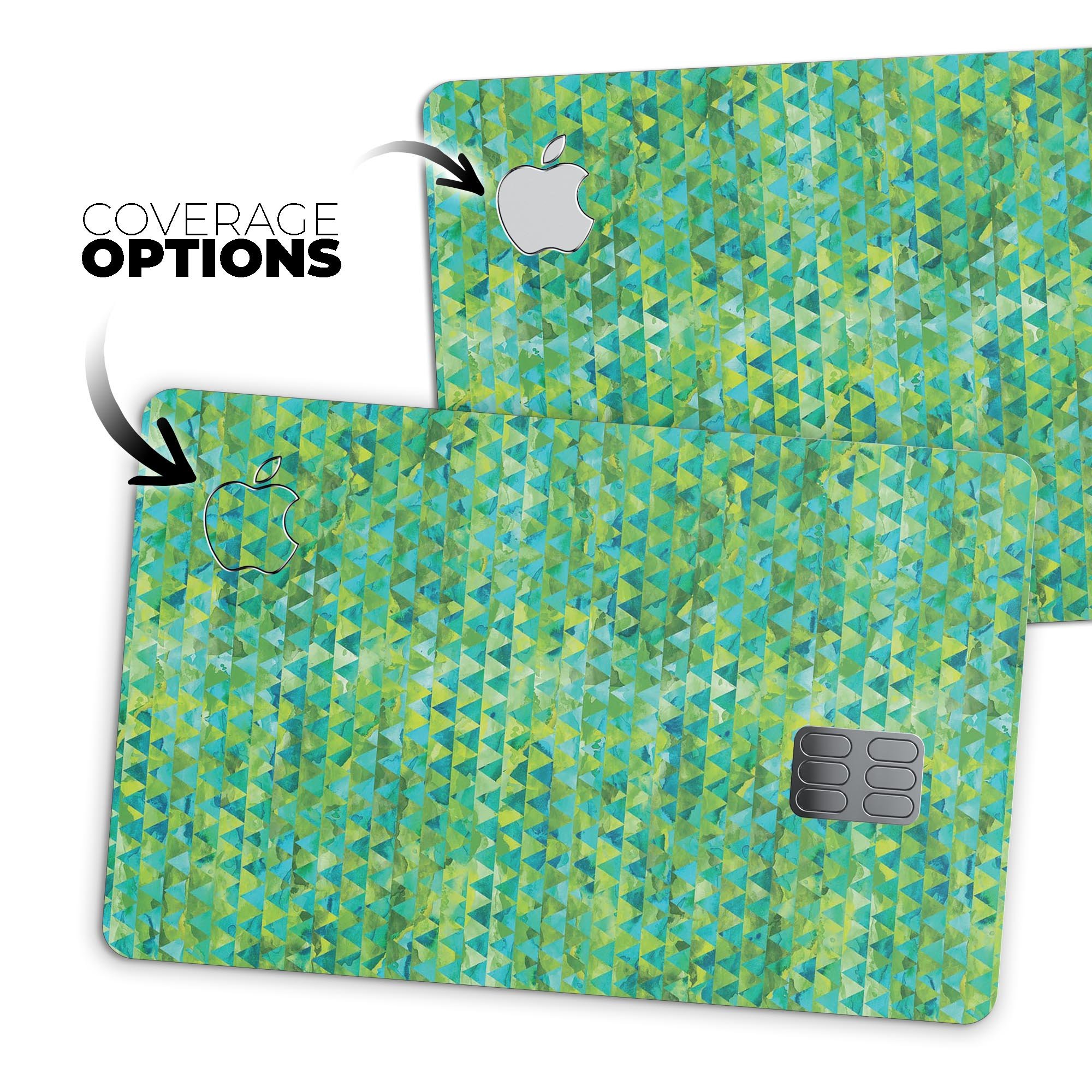 Green textured triangle pattern decal skin for Apple Card, showcasing premium vinyl material and stylish design.