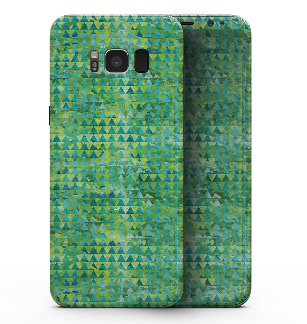 Samsung Galaxy S8 with a green textured triangle pattern skin, showcasing its sleek design and vibrant colors.