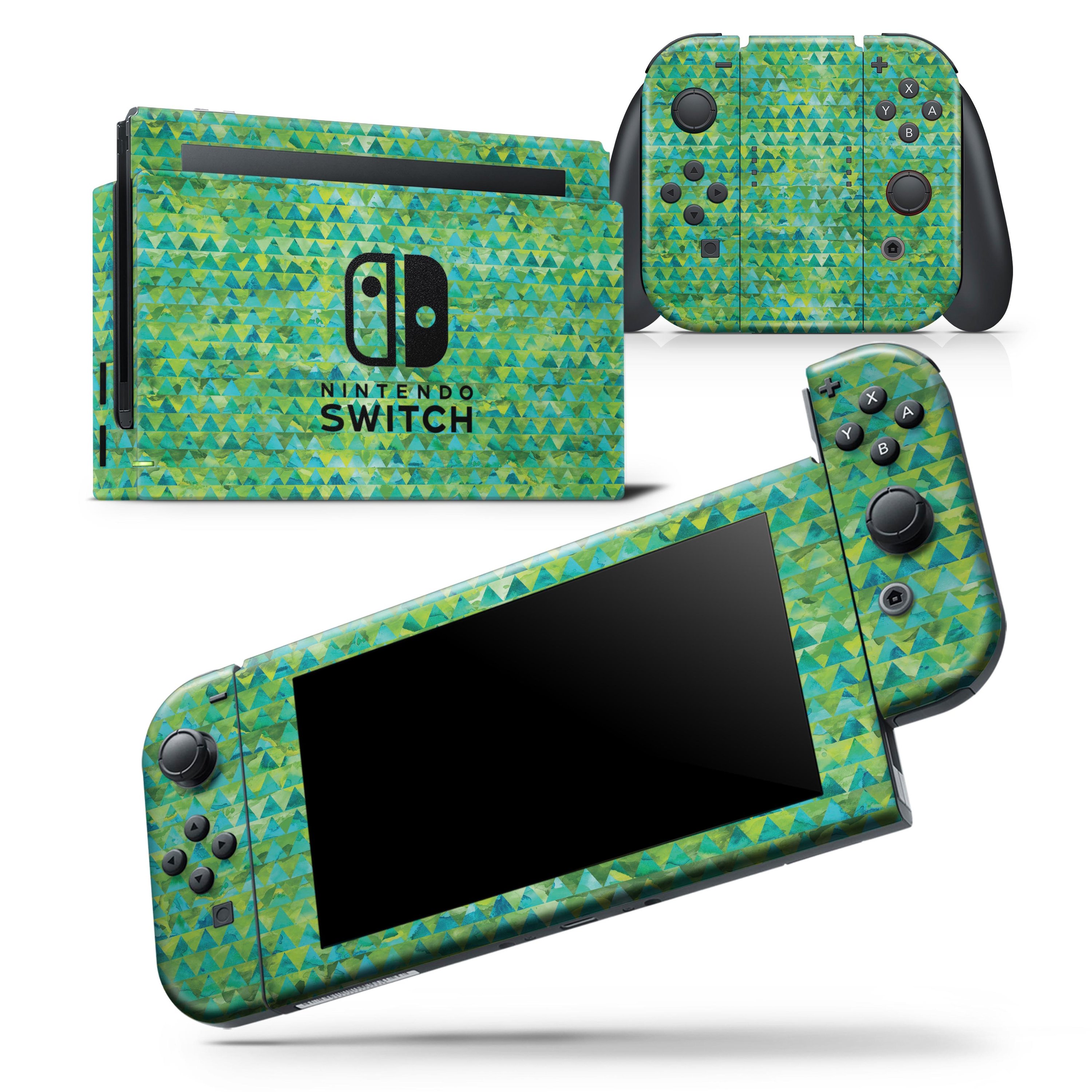 Green Textured Triangle Pattern Skin Wrap Decal for Nintendo Switch, showcasing a stylish design that fits the console and controllers perfectly.