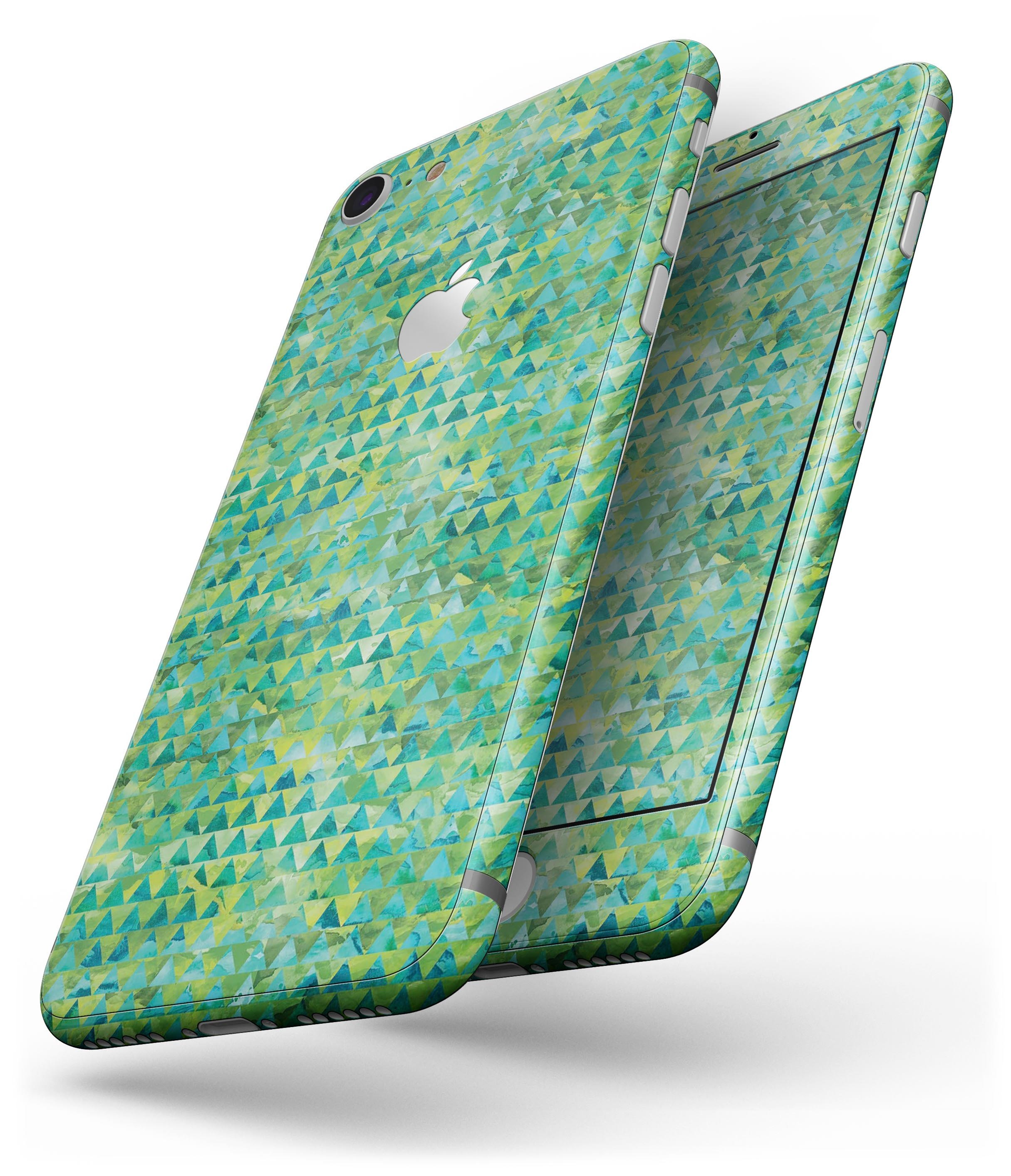 Green Textured Triangle Pattern skin for iPhone 8 and 8 Plus, showcasing a modern geometric design on a sleek device.