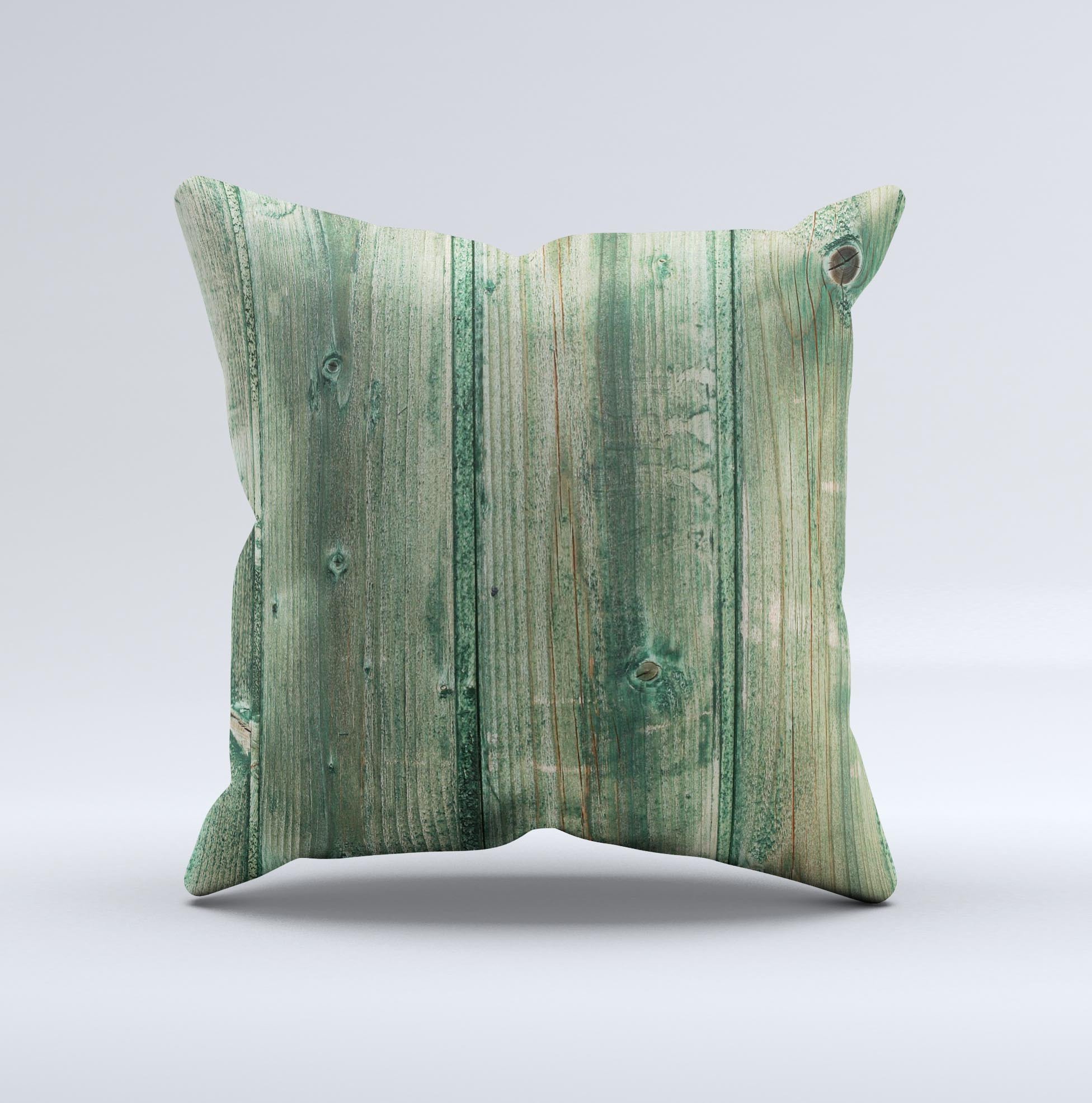 Green Tinted Wood Planks decorative throw pillow with intricate ink-fuzed design, handcrafted in Virginia.