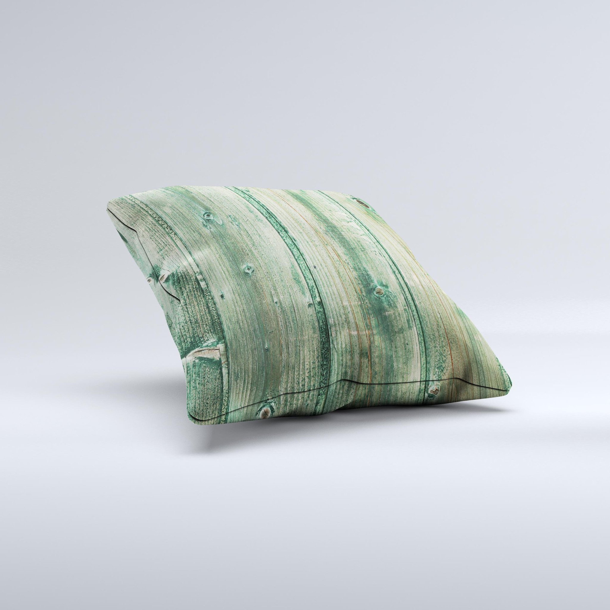 Green Tinted Wood Planks decorative throw pillow with intricate ink-fuzed design, handcrafted in Virginia.