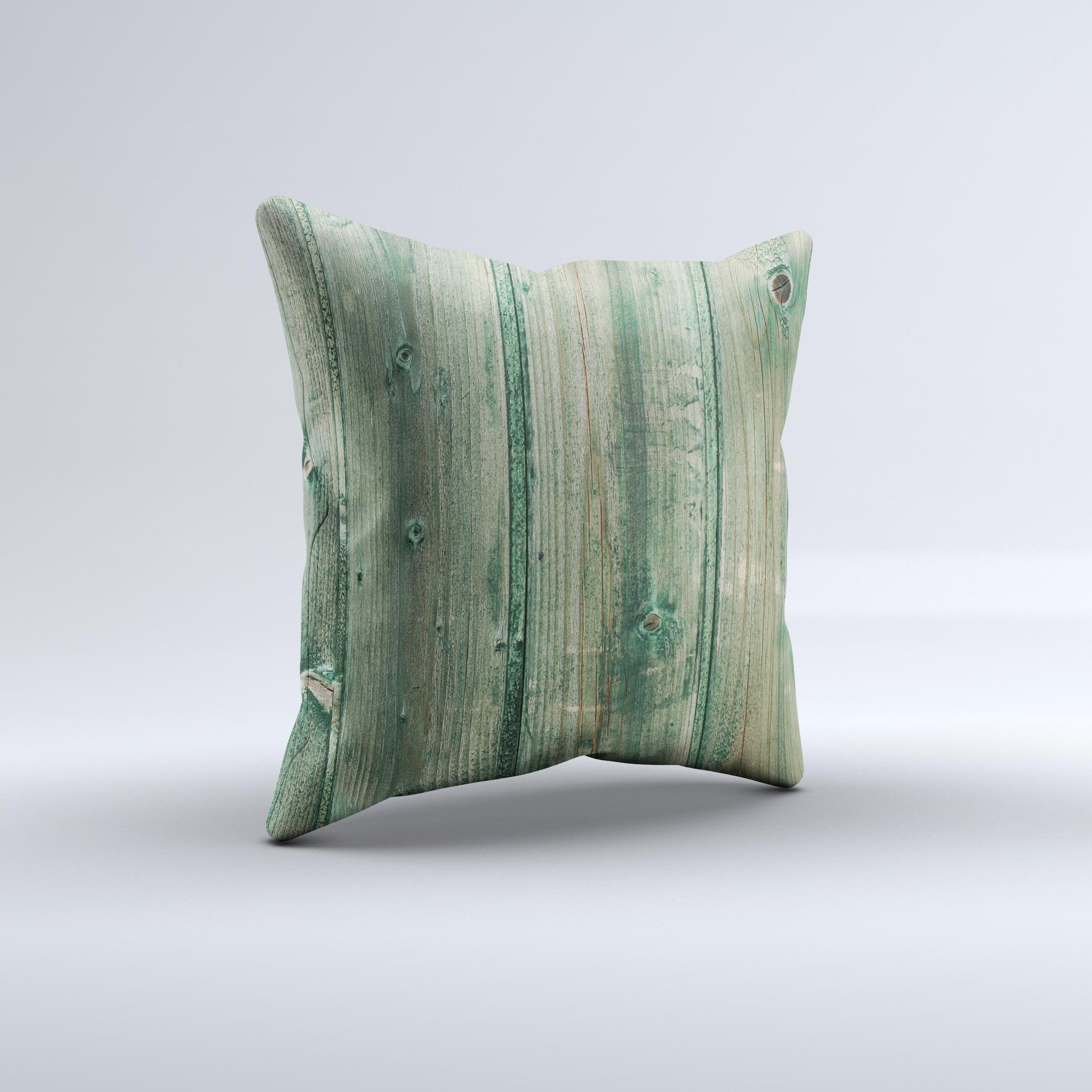 Green Tinted Wood Planks decorative throw pillow with intricate ink-fuzed design, handcrafted in Virginia.