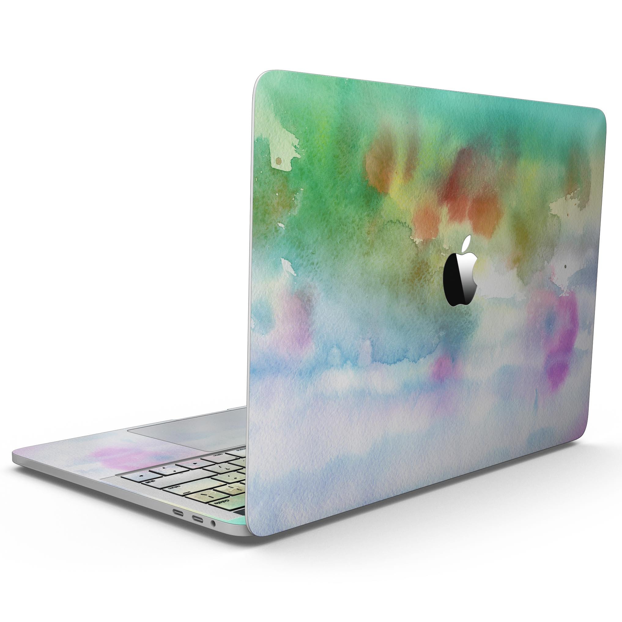 A vibrant Green to Pink Watercolor Texture skin applied to a 13" MacBook Pro without Touch Bar, showcasing its artistic design and sleek fit.