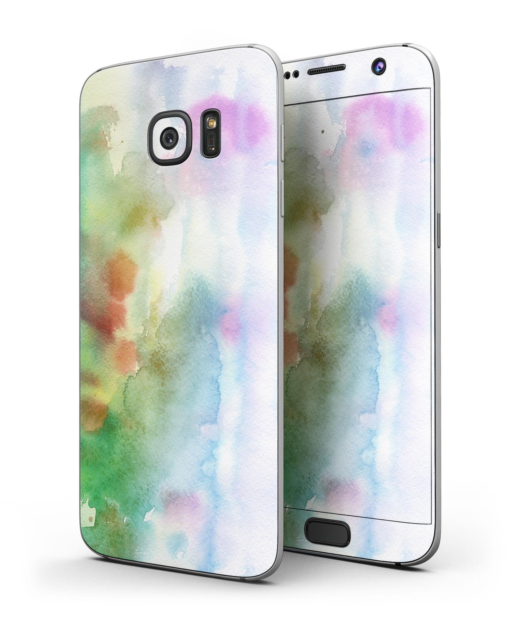 Green to Pink Absorbed Watercolor Texture skin for Samsung Galaxy S7 and S7 Edge, showcasing vibrant colors and a sleek design.