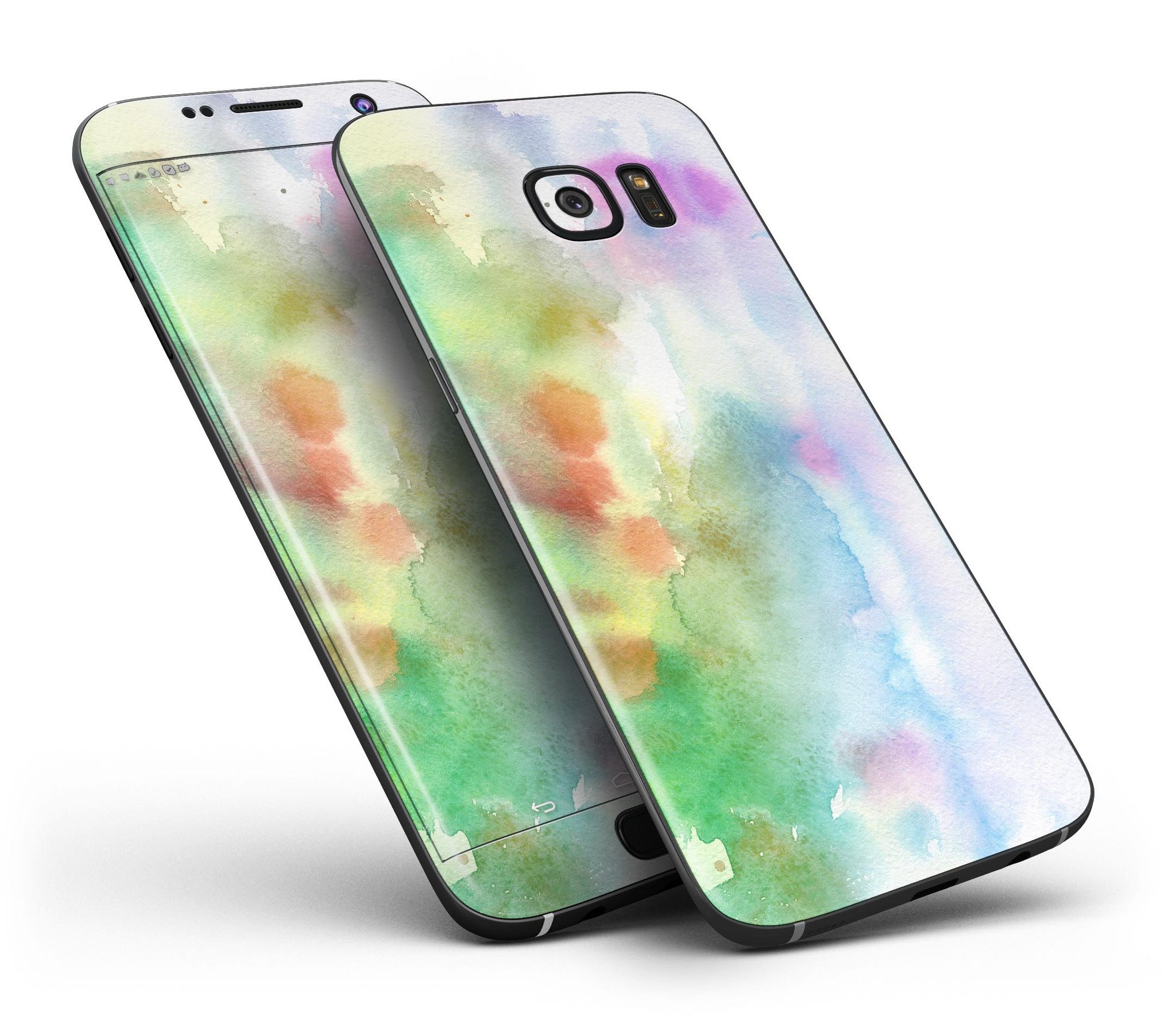 Green to Pink Absorbed Watercolor Texture skin for Samsung Galaxy S7 and S7 Edge, showcasing vibrant colors and a sleek design.