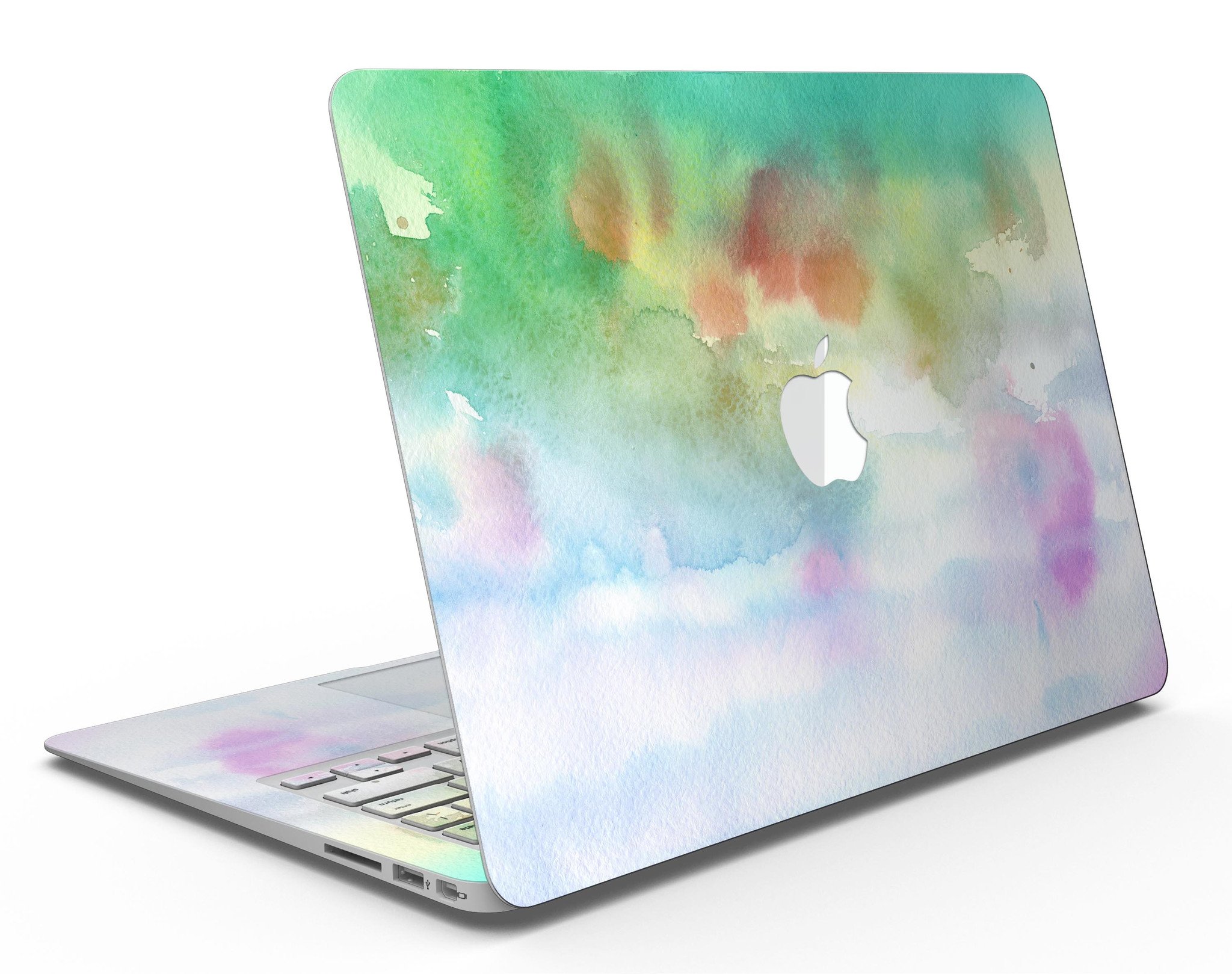 Green to Pink Absorbed Watercolor Texture skin for MacBook Air, showcasing vibrant colors and a sleek design.