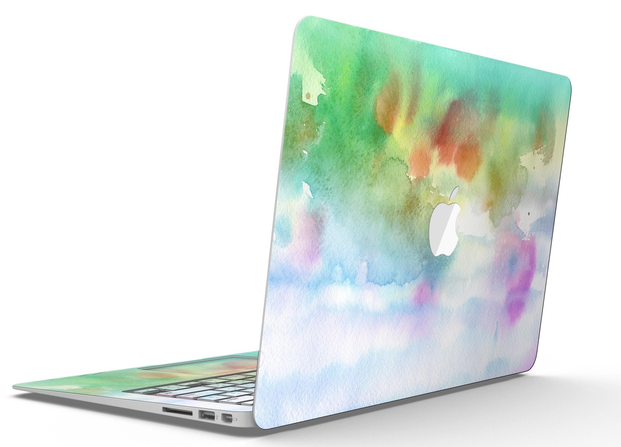 Green to Pink Absorbed Watercolor Texture skin for MacBook Air, showcasing vibrant colors and a sleek design.