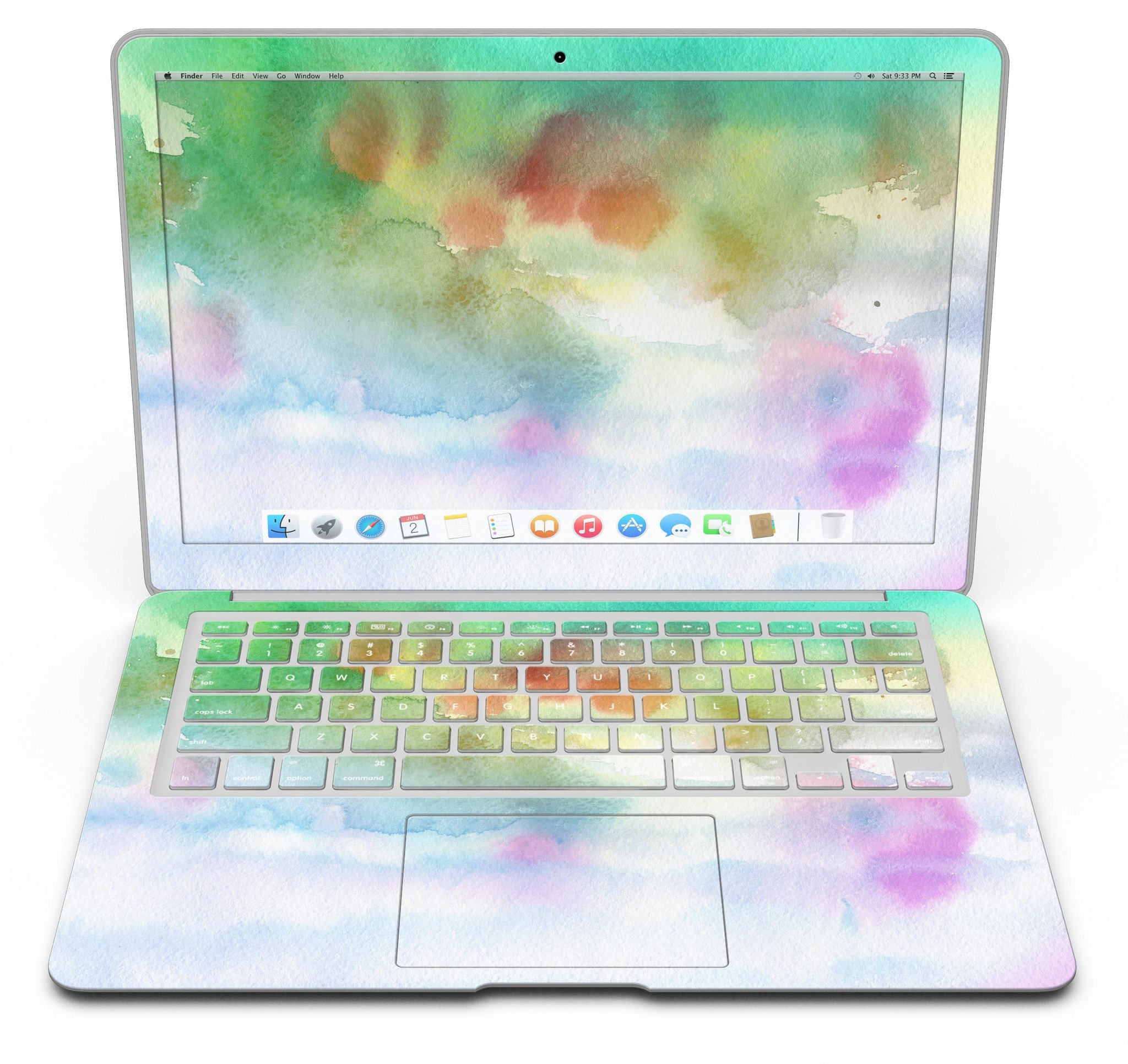 Green to Pink Absorbed Watercolor Texture skin for MacBook Air, showcasing vibrant colors and a sleek design.