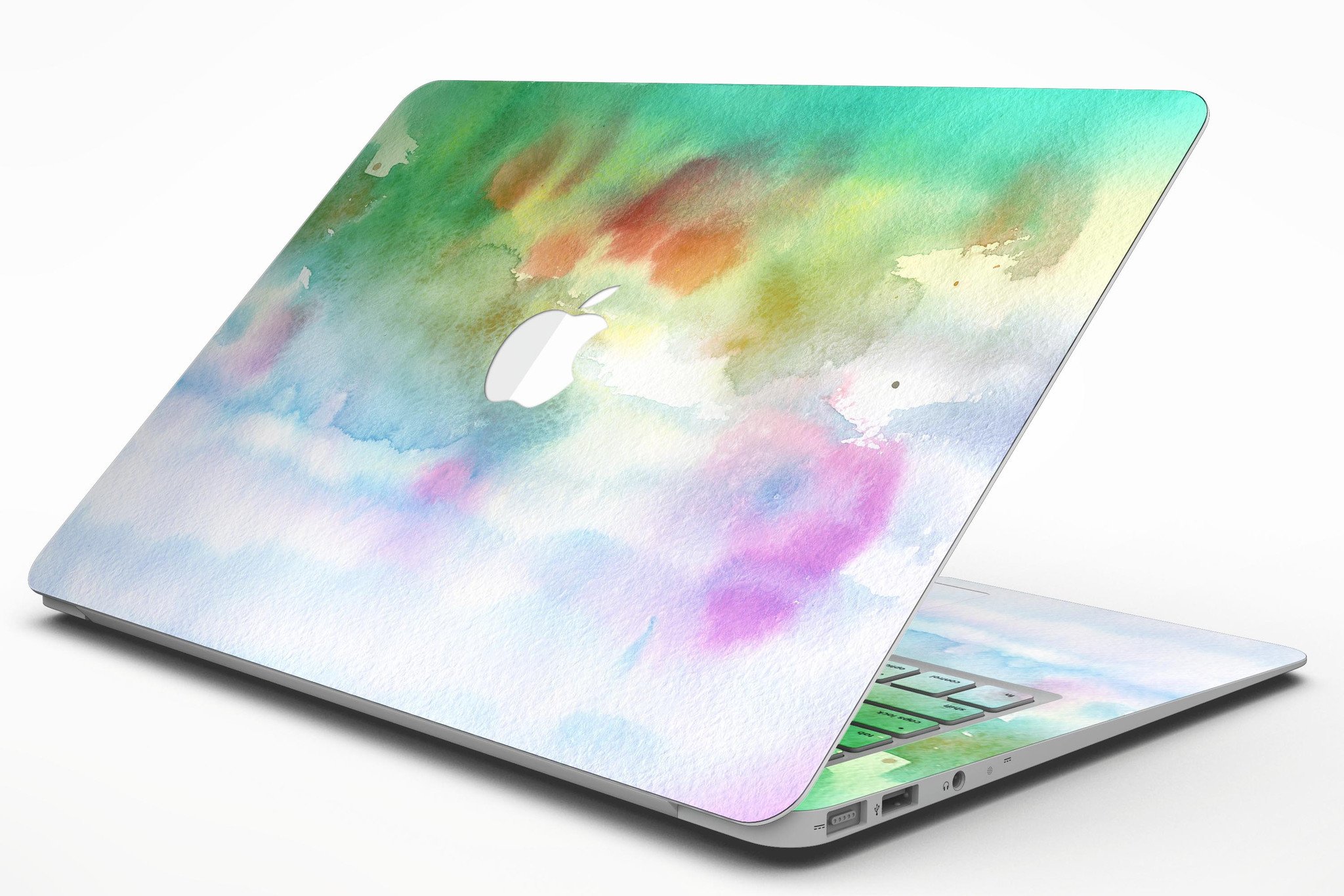 Green to Pink Absorbed Watercolor Texture skin for MacBook Air, showcasing vibrant colors and a sleek design.