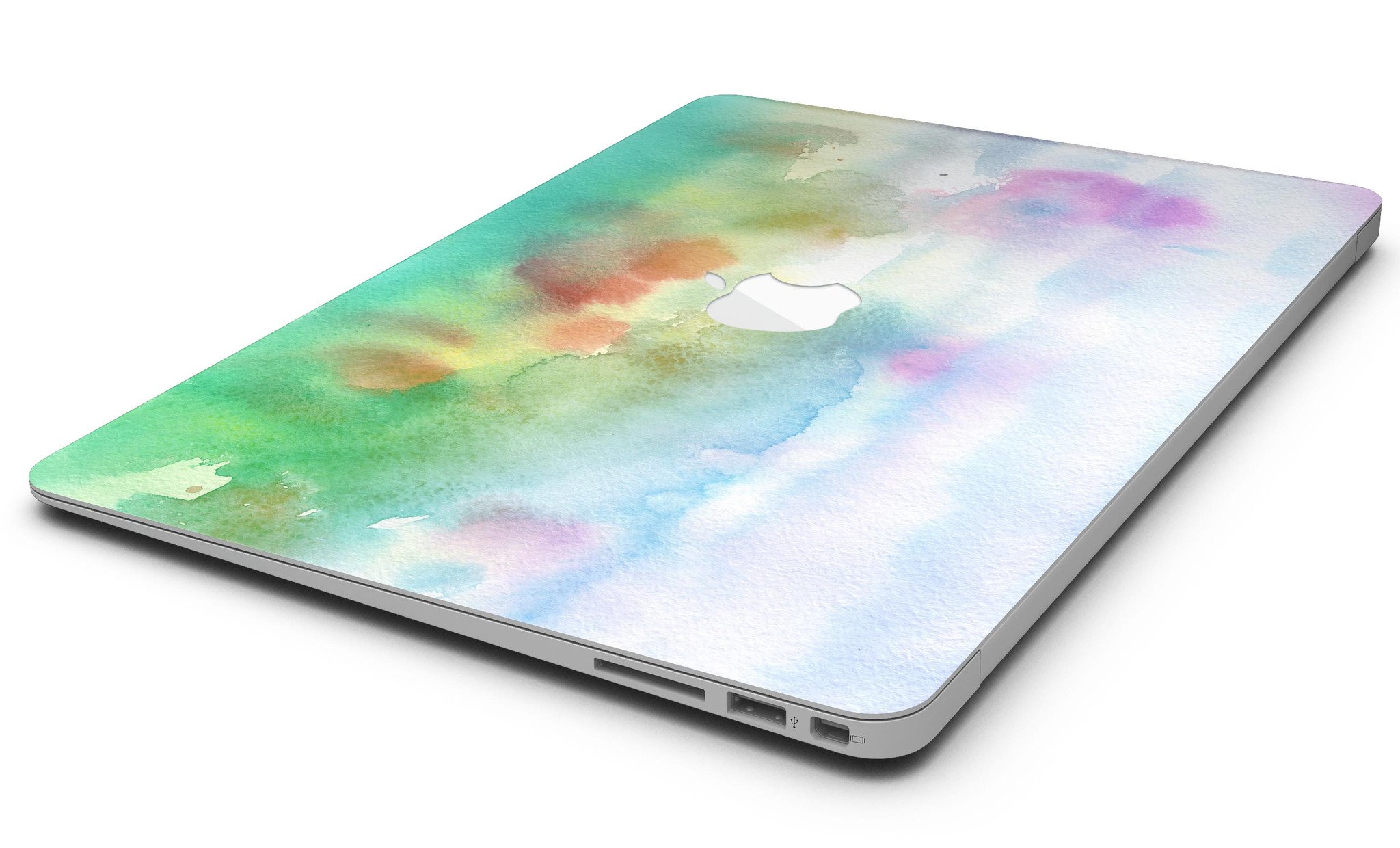 Green to Pink Absorbed Watercolor Texture skin for MacBook Air, showcasing vibrant colors and a sleek design.