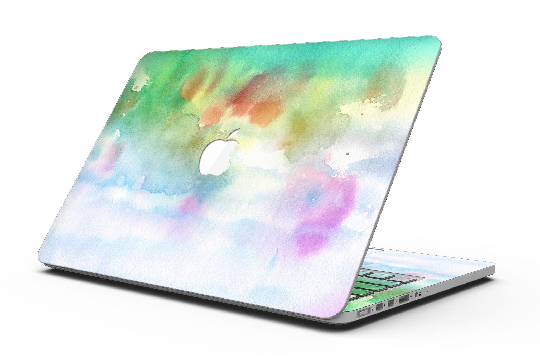 Green to Pink Absorbed Watercolor Texture skin for MacBook Pro with Retina Display, showcasing vibrant colors and a sleek design.