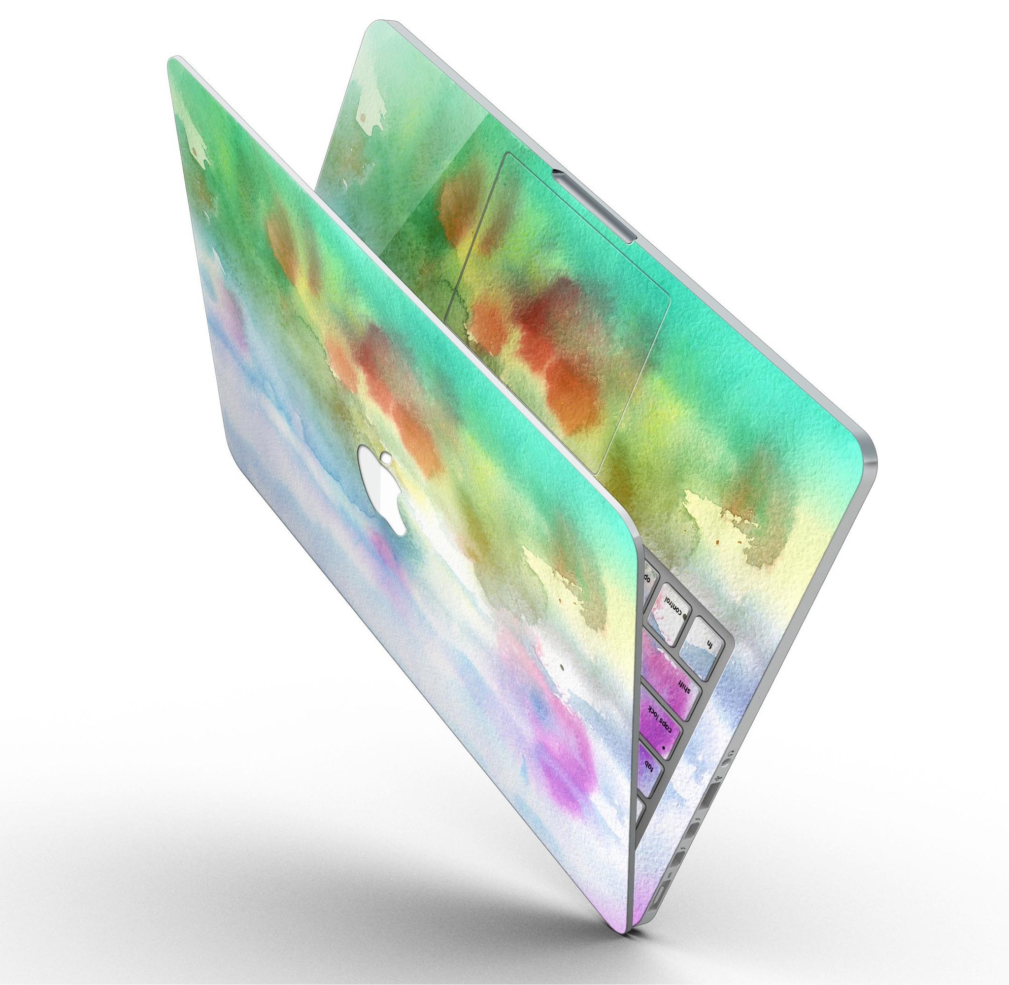 Green to Pink Absorbed Watercolor Texture skin for MacBook Pro with Retina Display, showcasing vibrant colors and a sleek design.