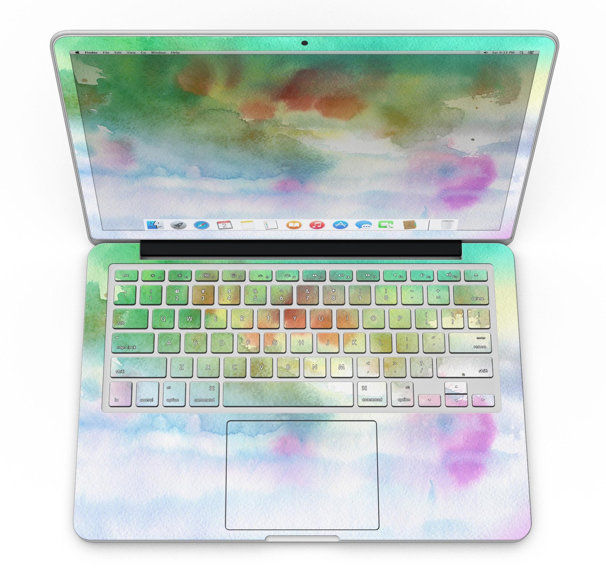 Green to Pink Absorbed Watercolor Texture skin for MacBook Pro with Retina Display, showcasing vibrant colors and a sleek design.