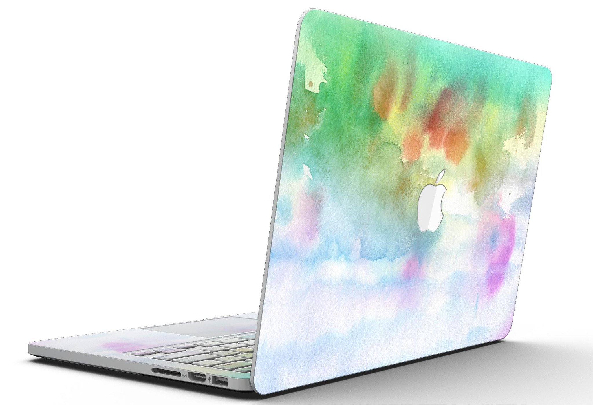 Green to Pink Absorbed Watercolor Texture skin for MacBook Pro with Retina Display, showcasing vibrant colors and a sleek design.