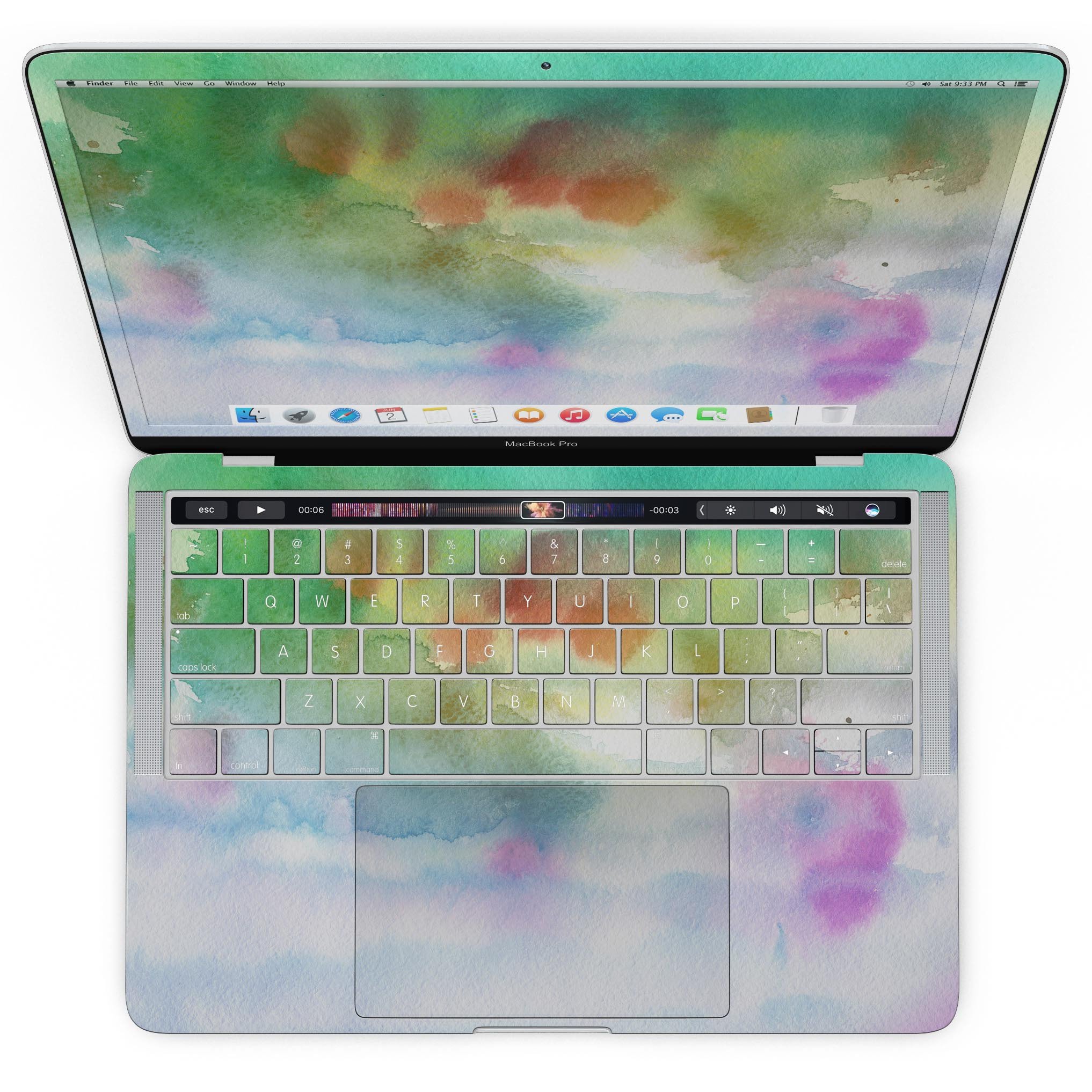 Green to Pink Absorbed Watercolor Texture skin for MacBook Pro with Touch Bar, showcasing vibrant colors and a sleek design.