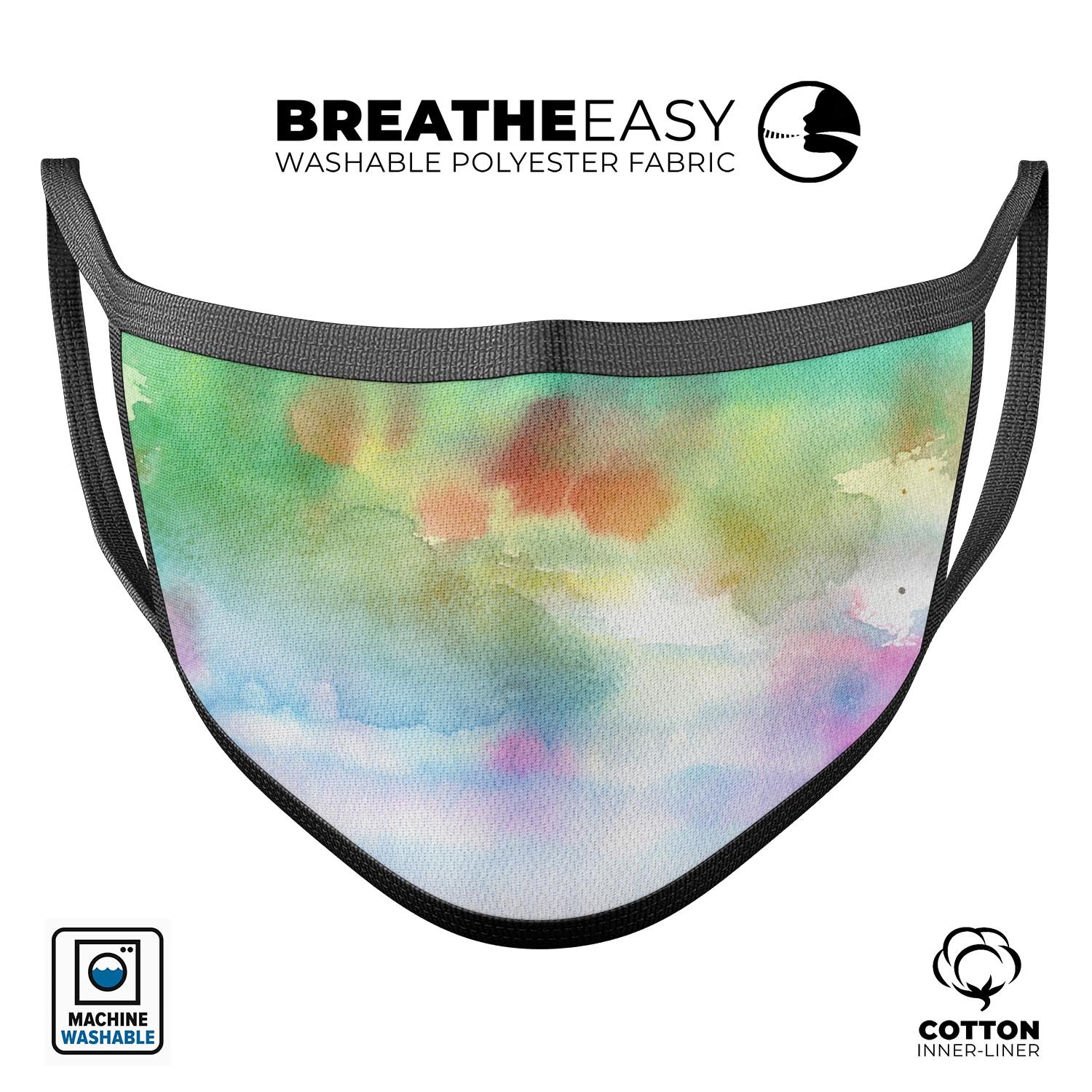 Green to Pink Absorbed Watercolor Texture mouth cover, showcasing vibrant colors and adjustable ear loops.