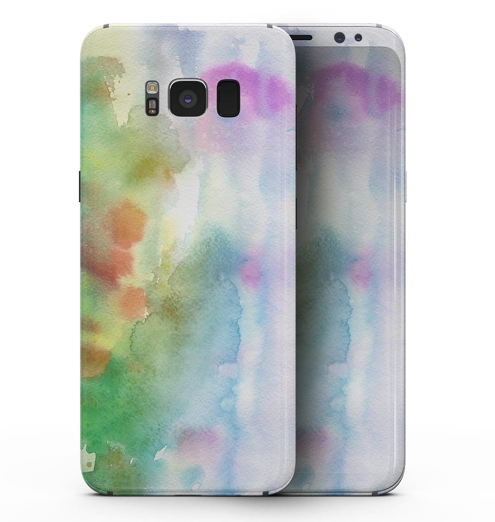 Samsung Galaxy S8 with Green to Pink Absorbed Watercolor Texture skin, showcasing vibrant colors and sleek design.