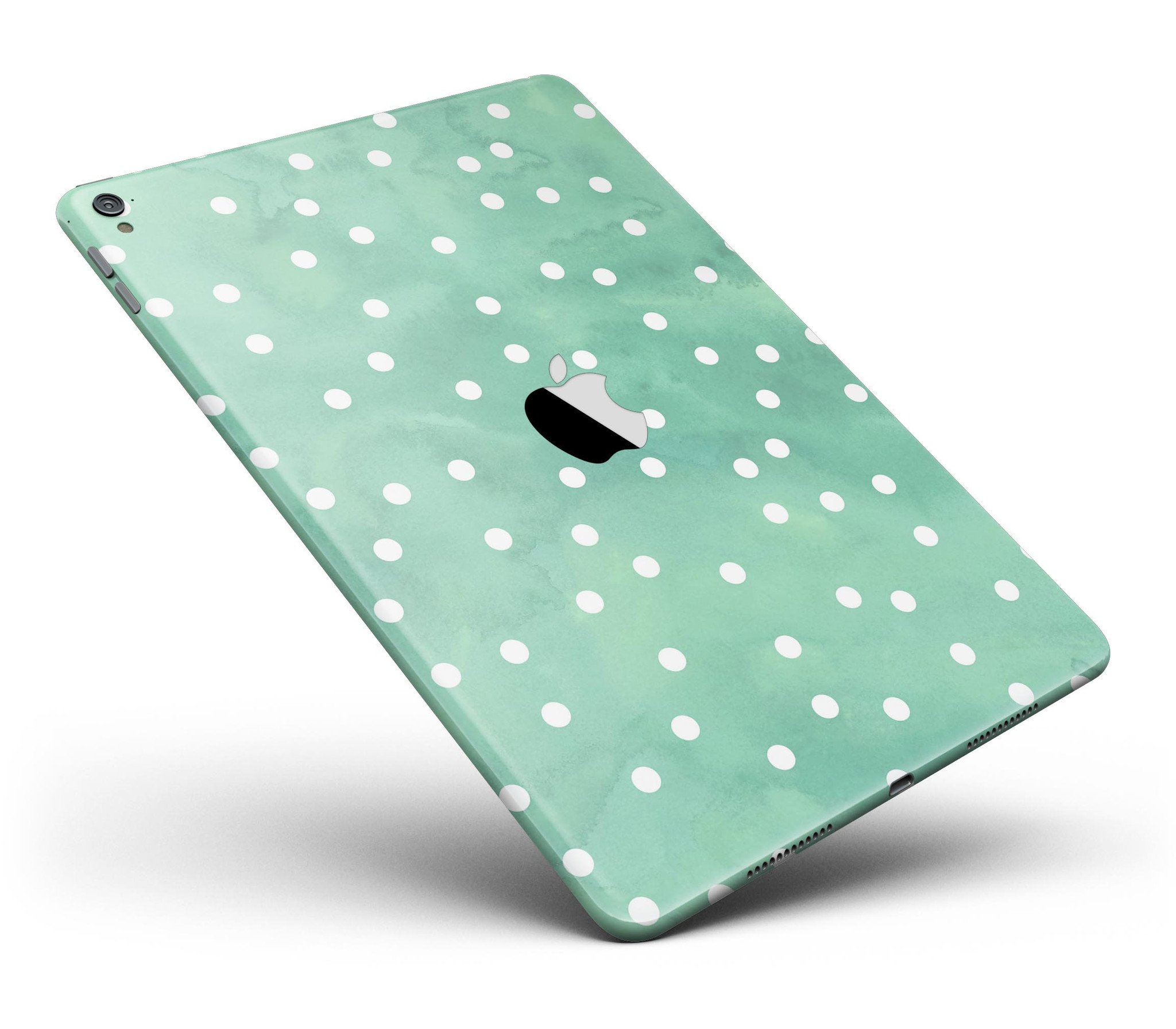 Green watercolor design with white polka dots full body skin for iPad Pro, showcasing vibrant colors and a stylish look.