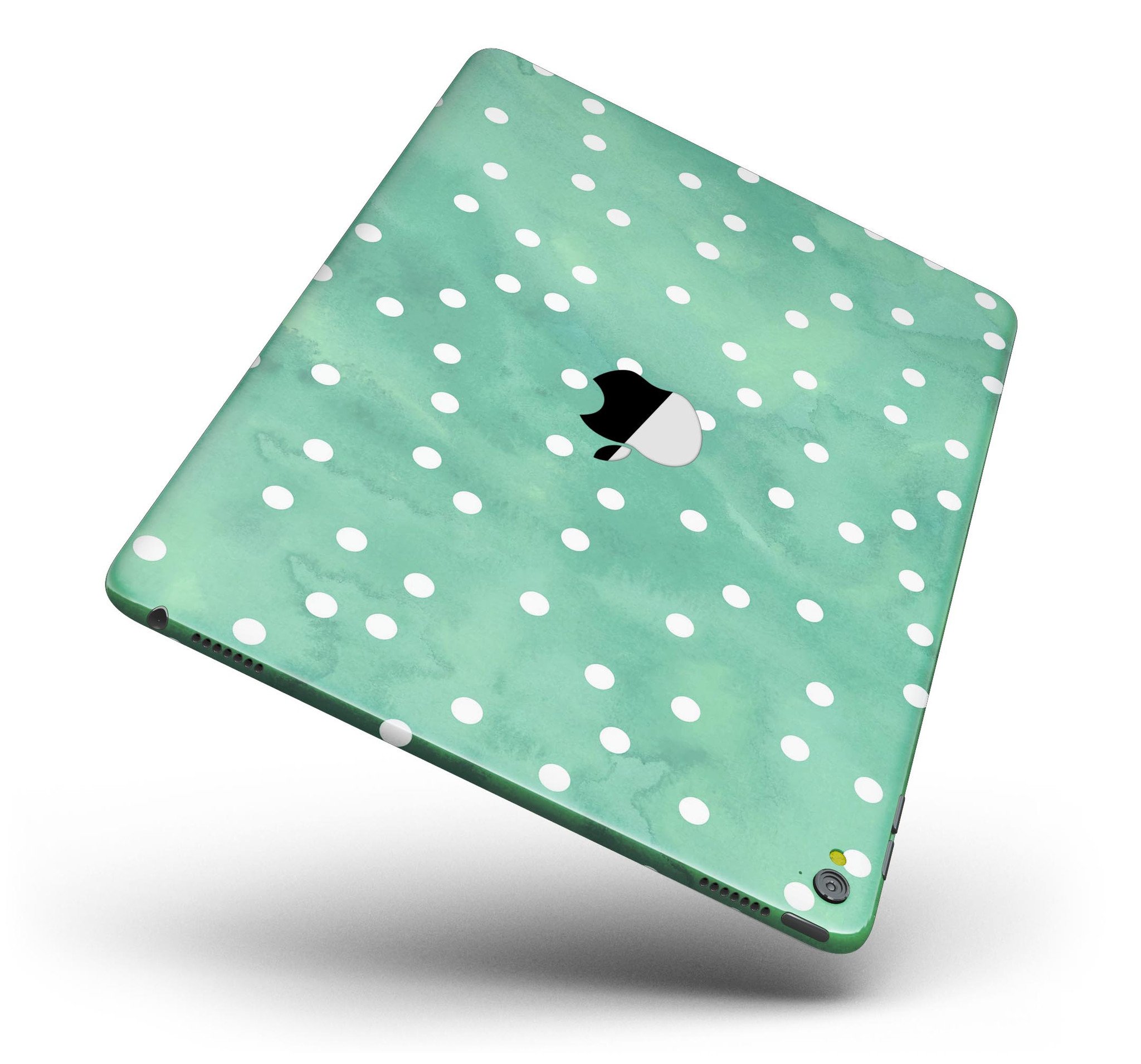 Green watercolor design with white polka dots full body skin for iPad Pro, showcasing vibrant colors and a stylish look.