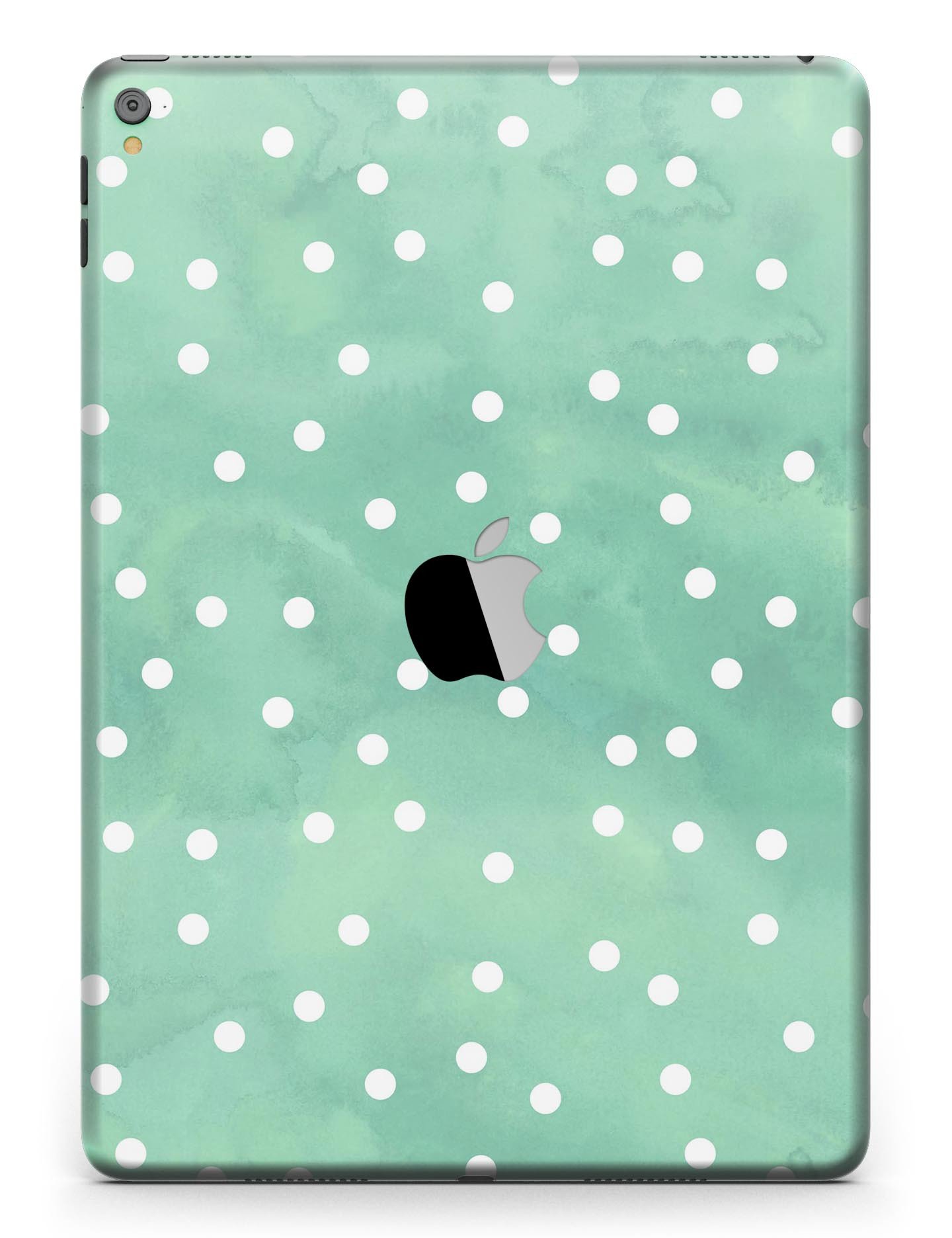 Green watercolor design with white polka dots full body skin for iPad Pro, showcasing vibrant colors and a stylish look.