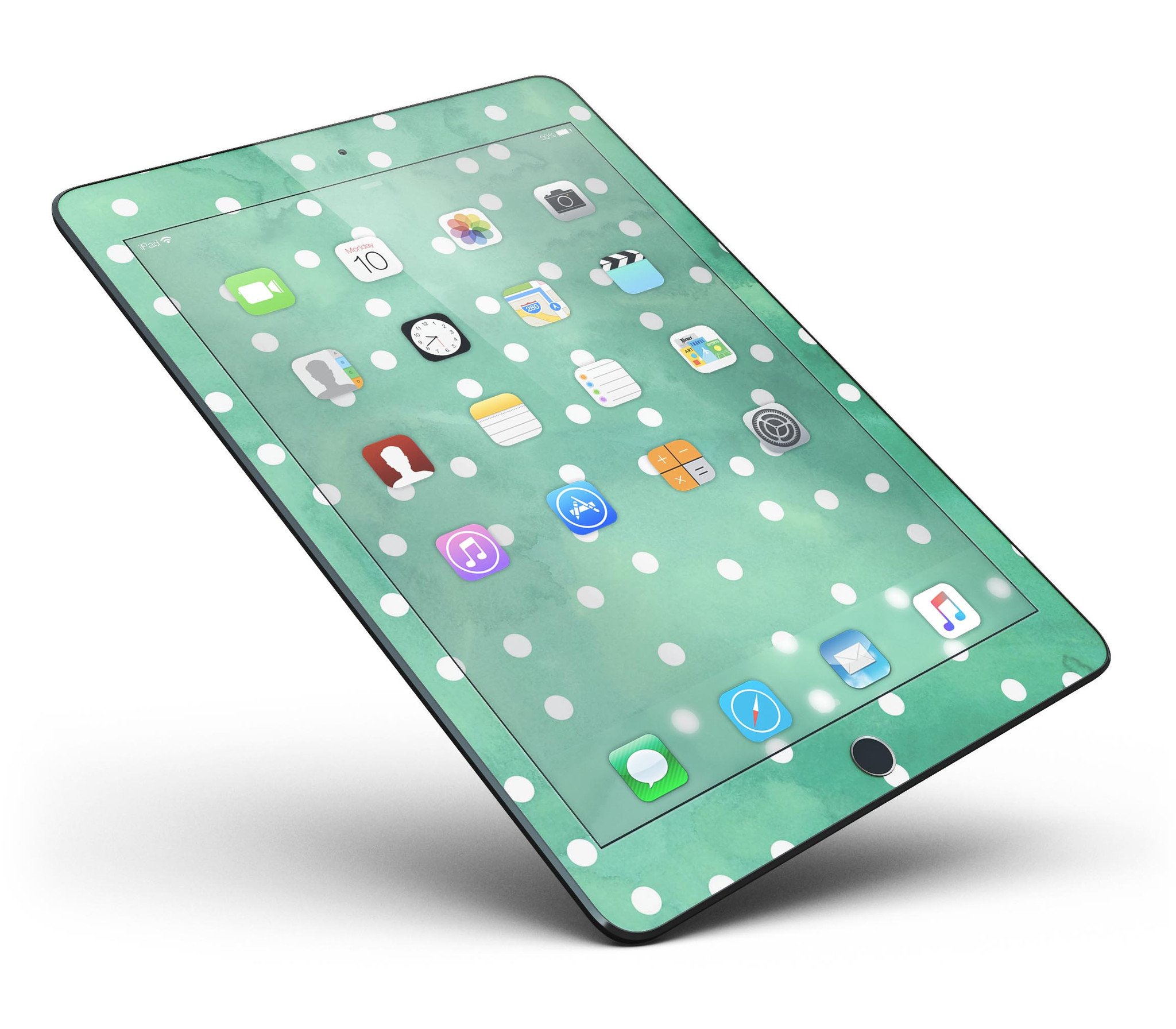 Green watercolor design with white polka dots full body skin for iPad Pro, showcasing vibrant colors and a stylish look.