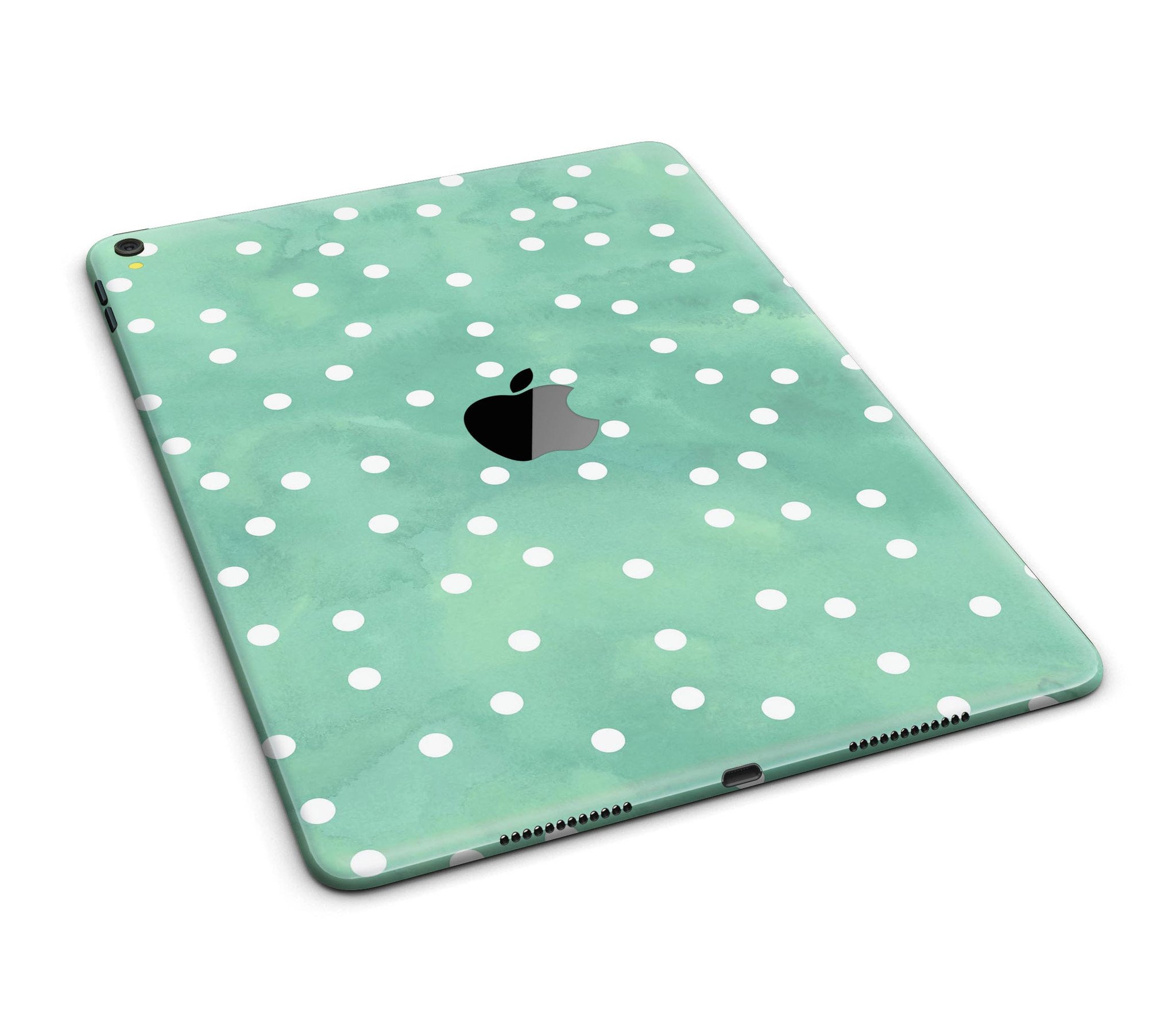 Green watercolor design with white polka dots full body skin for iPad Pro, showcasing vibrant colors and a stylish look.