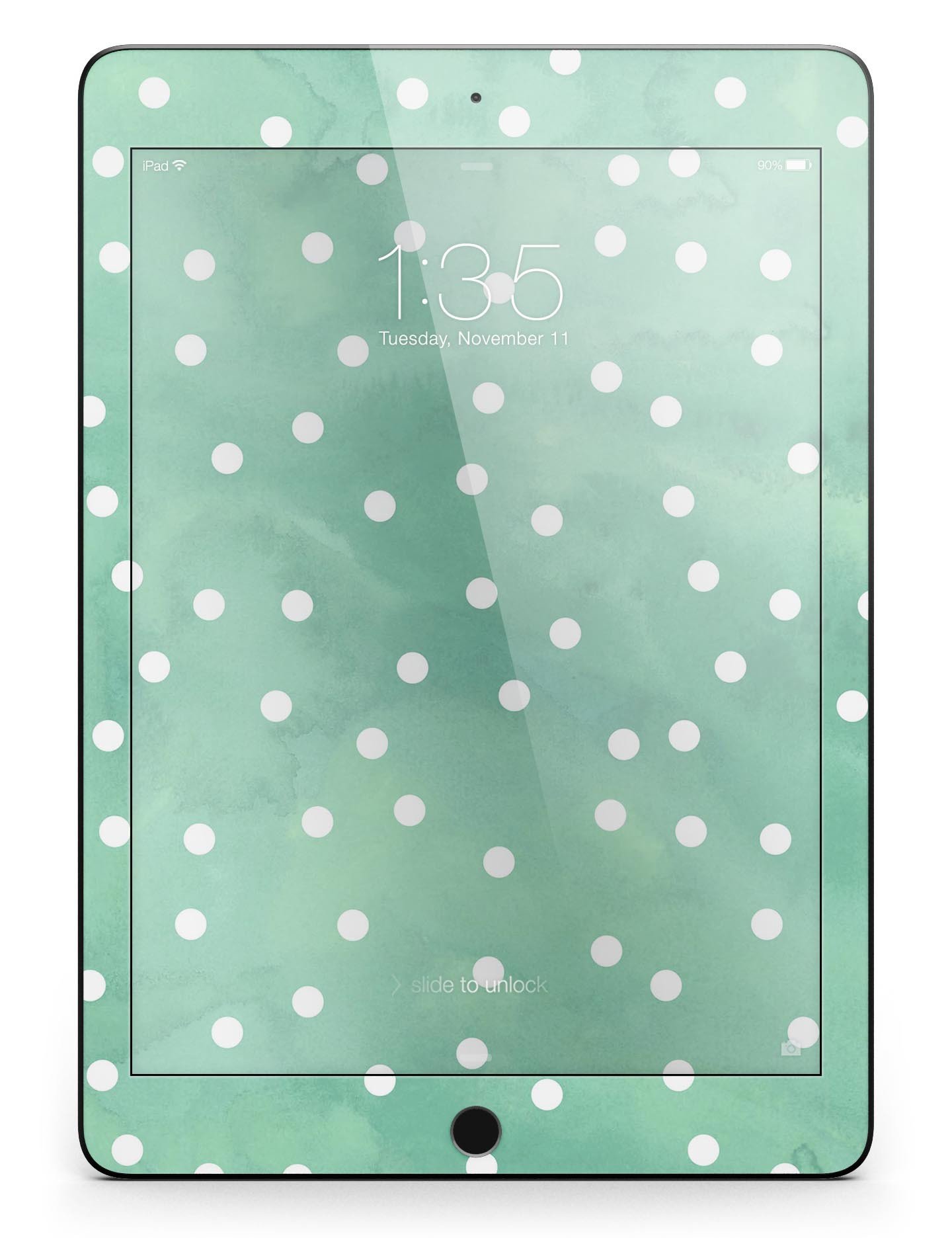 Green watercolor design with white polka dots full body skin for iPad Pro, showcasing vibrant colors and a stylish look.