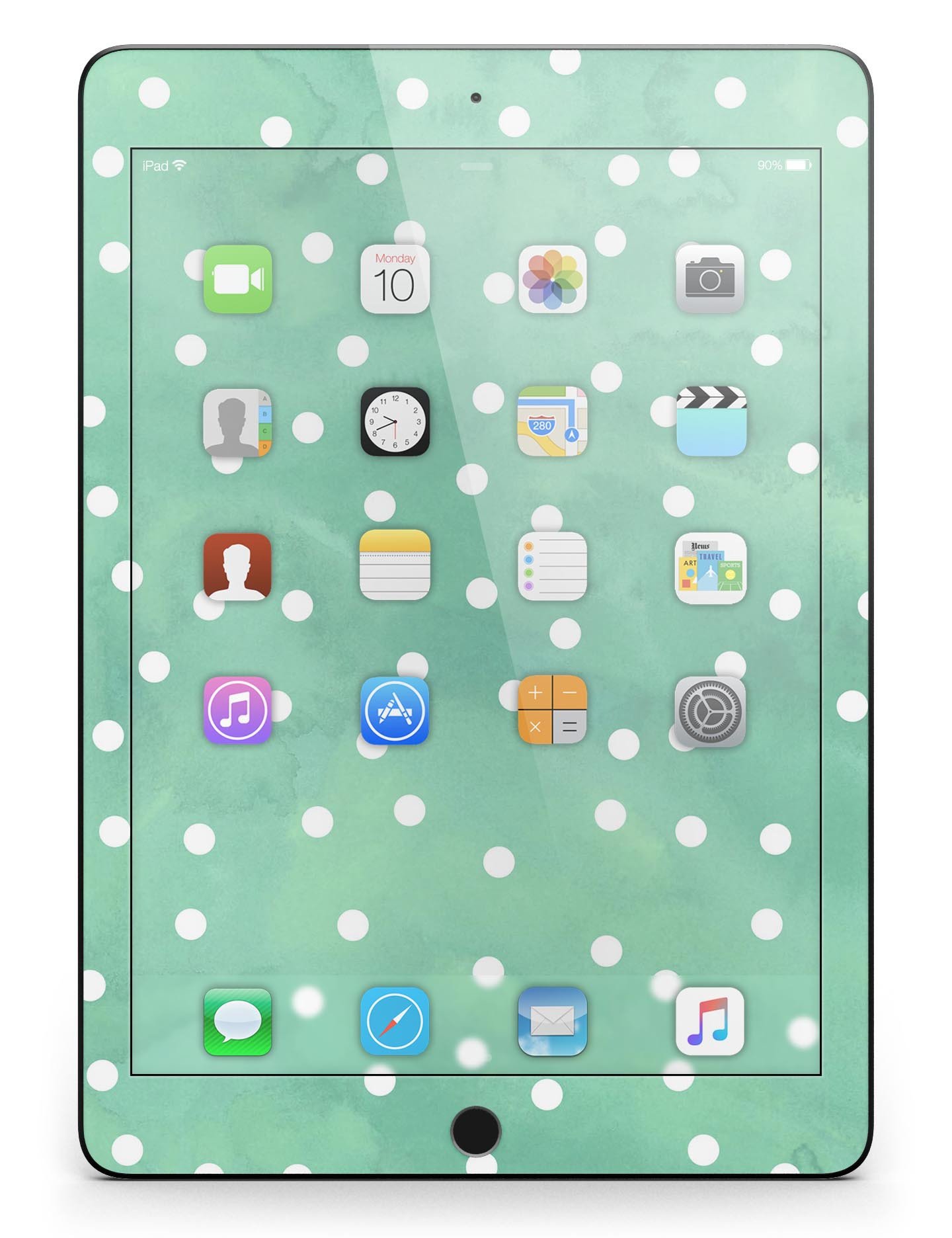 Green watercolor design with white polka dots full body skin for iPad Pro, showcasing vibrant colors and a stylish look.