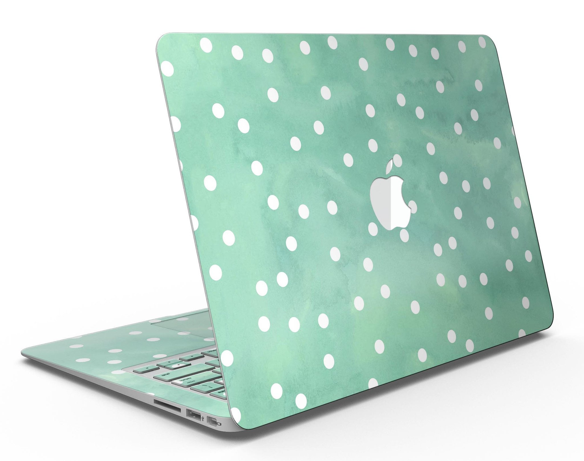 Green watercolor skin with white polka dots for MacBook Air, showcasing vibrant colors and stylish design.