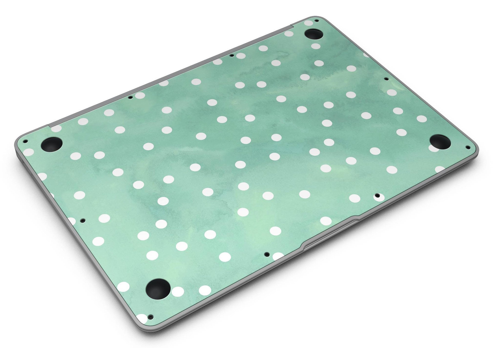 Green watercolor skin with white polka dots for MacBook Air, showcasing vibrant colors and stylish design.