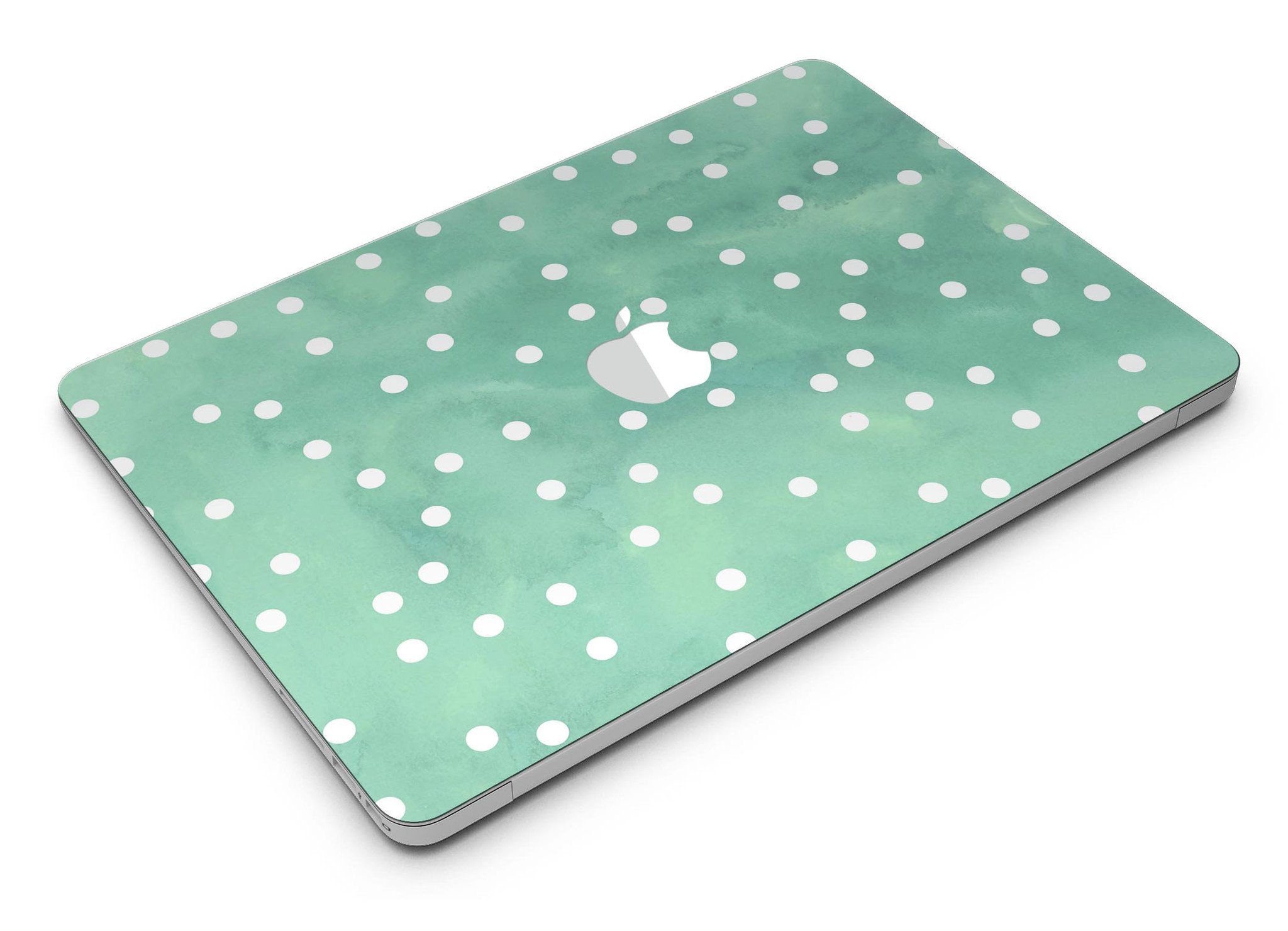 Green watercolor skin with white polka dots for MacBook Air, showcasing vibrant colors and stylish design.