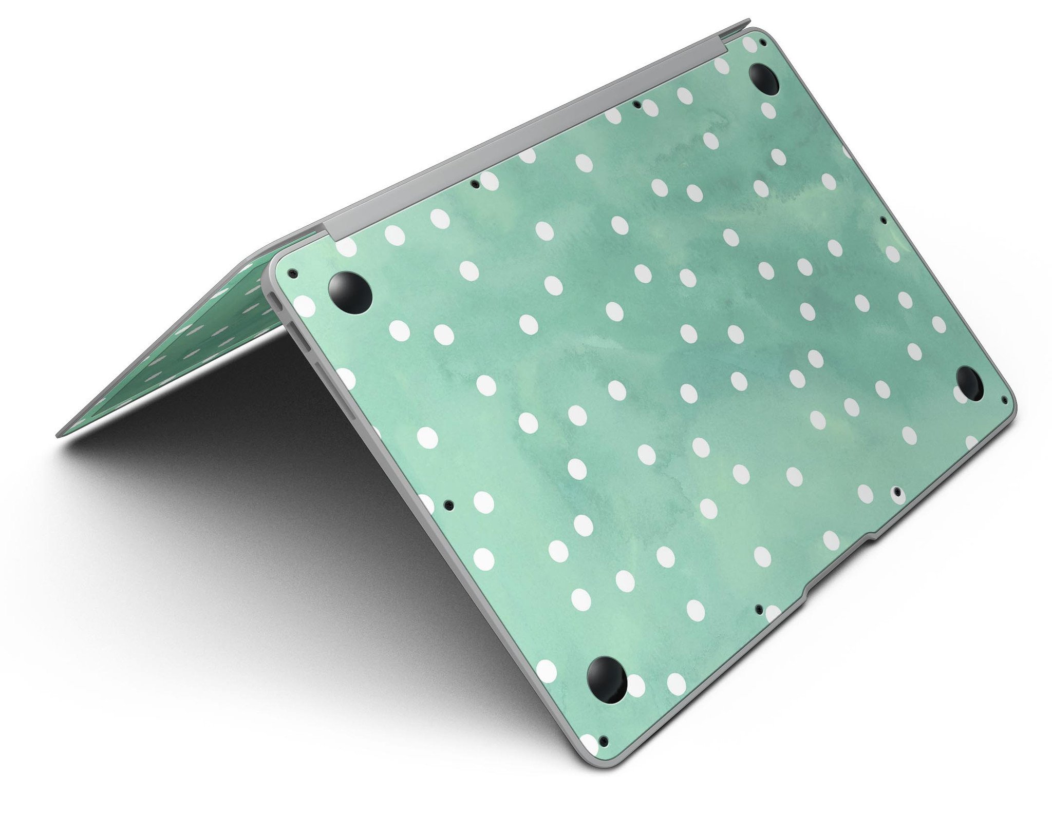 Green watercolor skin with white polka dots for MacBook Air, showcasing vibrant colors and stylish design.