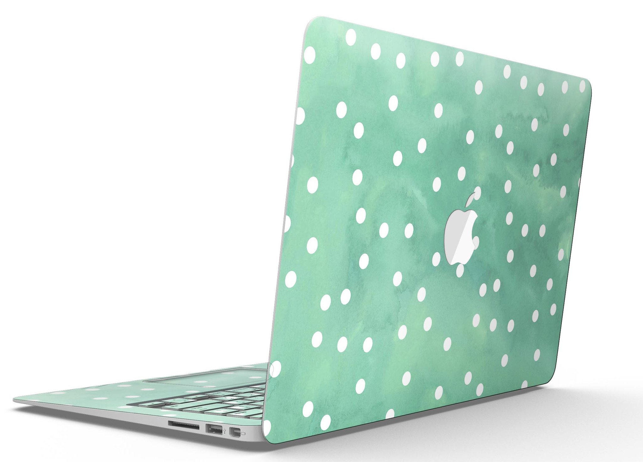 Green watercolor skin with white polka dots for MacBook Air, showcasing vibrant colors and stylish design.