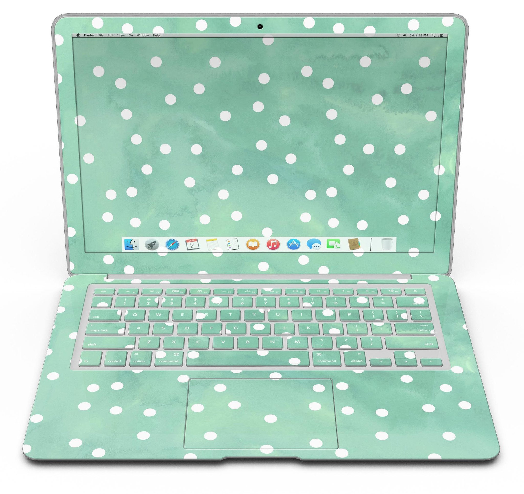 Green watercolor skin with white polka dots for MacBook Air, showcasing vibrant colors and stylish design.