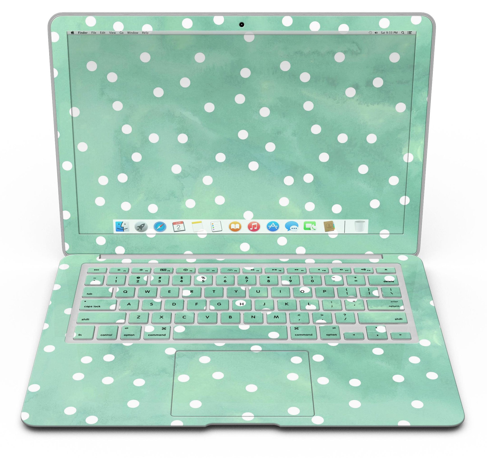 Green watercolor skin with white polka dots for MacBook Air, showcasing vibrant colors and stylish design.