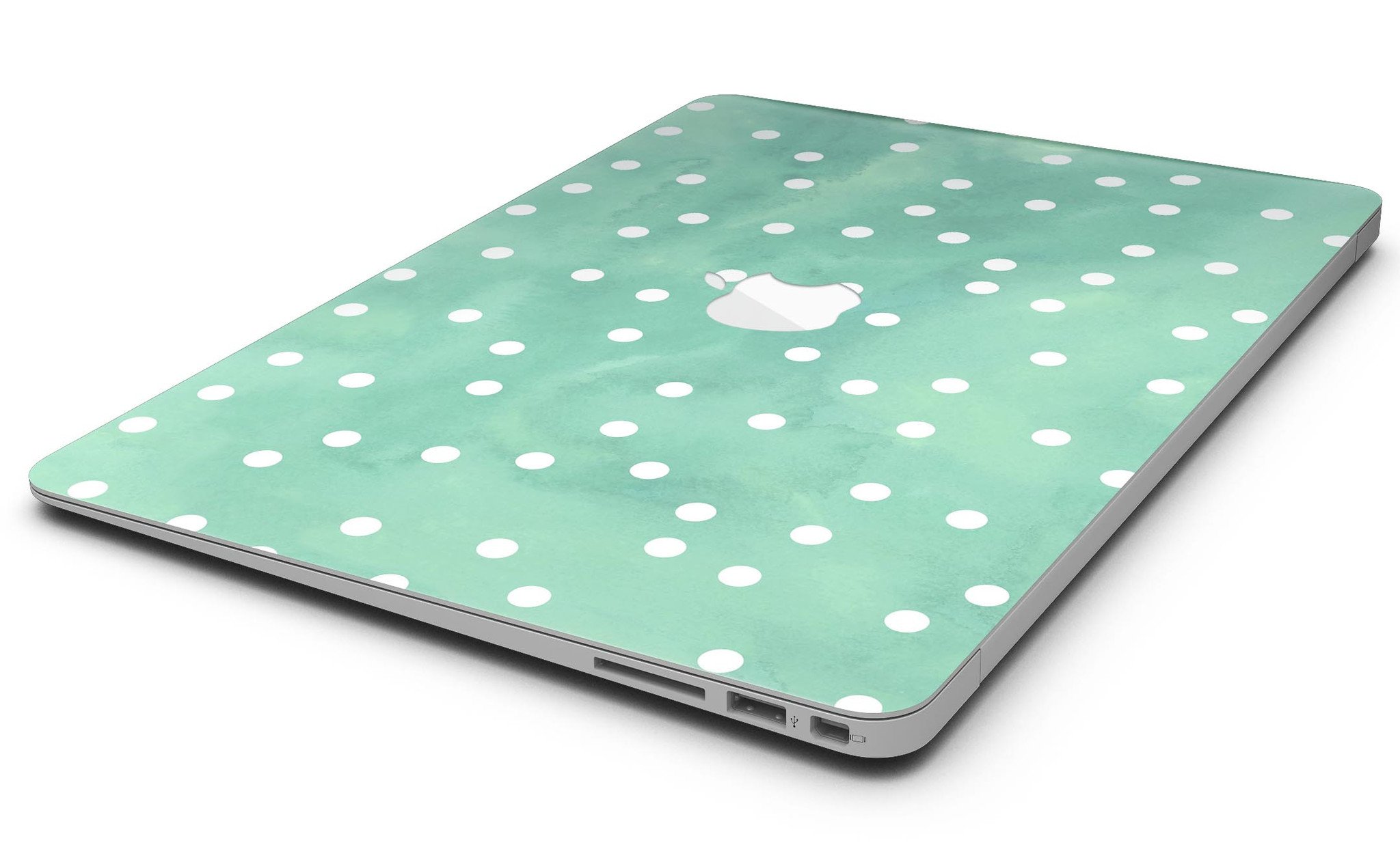 Green watercolor skin with white polka dots for MacBook Air, showcasing vibrant colors and stylish design.