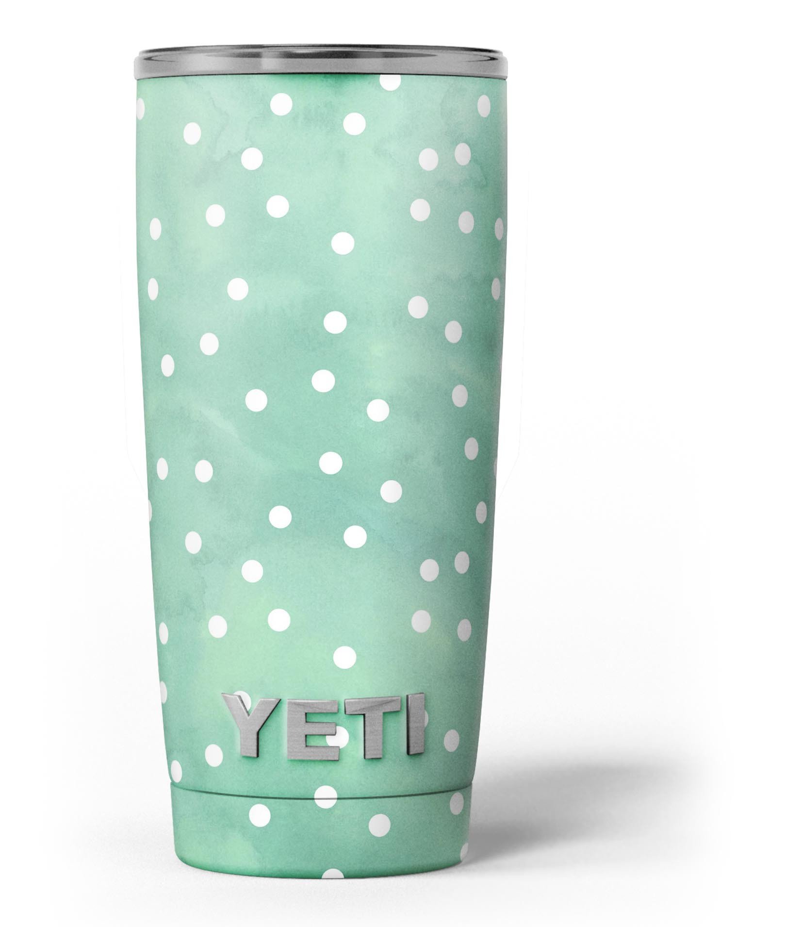 Green watercolor skin decal vinyl wrap kit with white polka dots for Yeti Cooler, showcasing a stylish design and premium quality.