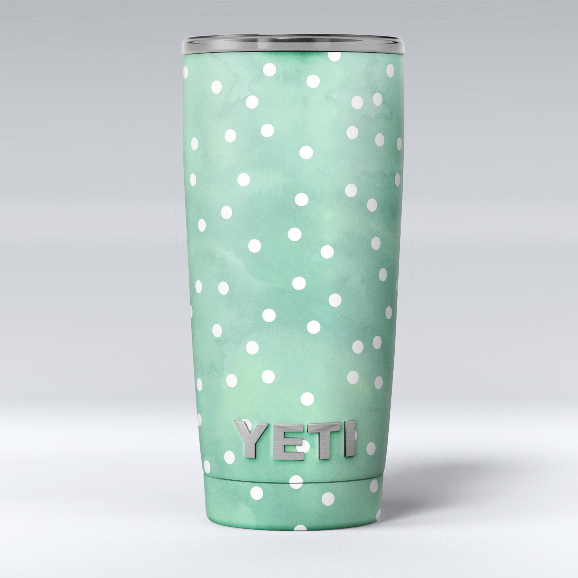 Green watercolor skin decal vinyl wrap kit with white polka dots for Yeti Cooler, showcasing a stylish design and premium quality.