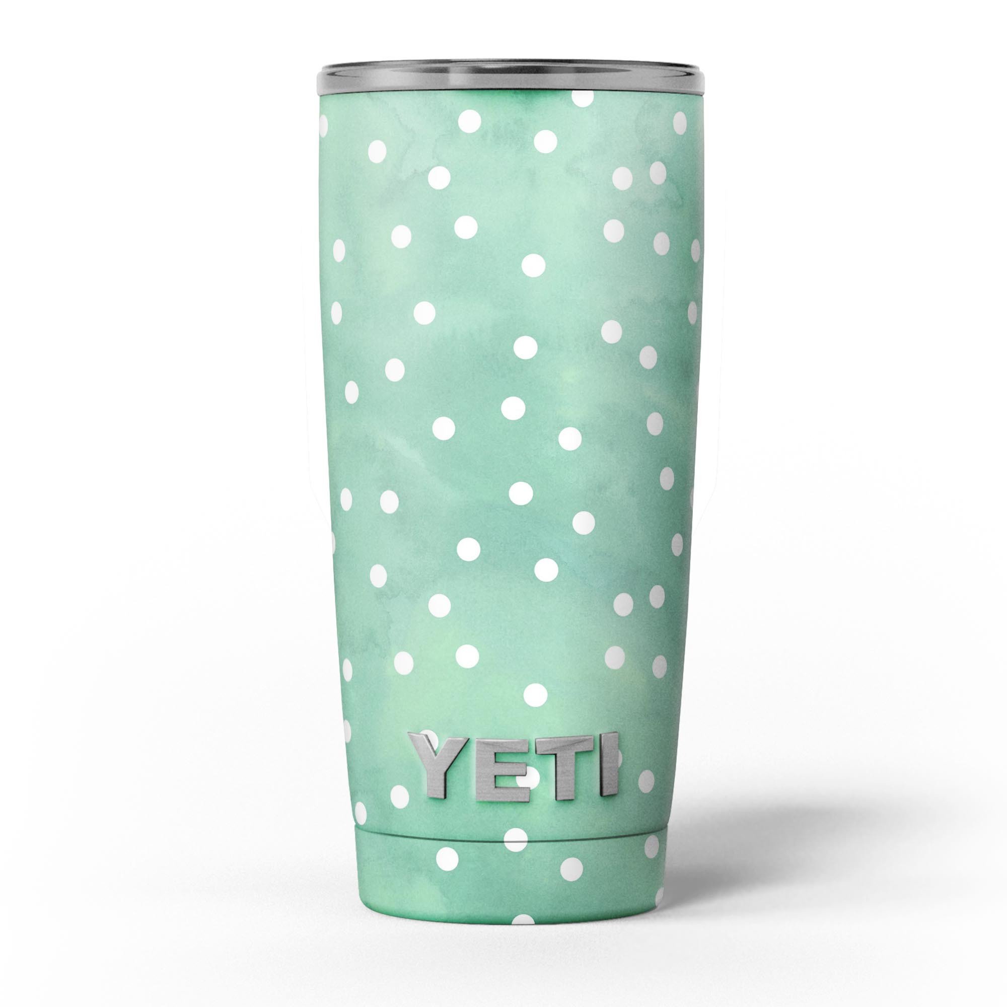 Green watercolor skin decal vinyl wrap kit with white polka dots for Yeti Cooler, showcasing a stylish design and premium quality.