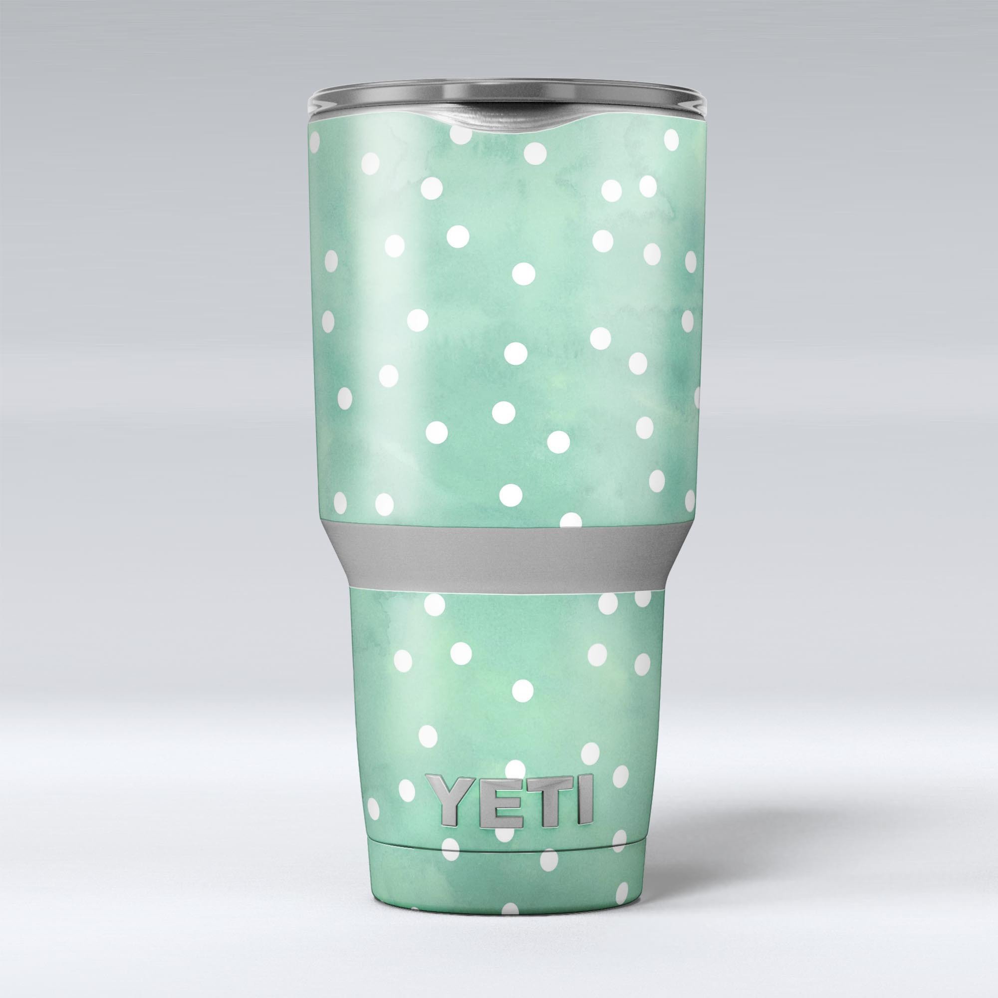 Green watercolor skin decal vinyl wrap kit with white polka dots for Yeti Cooler, showcasing a stylish design and premium quality.