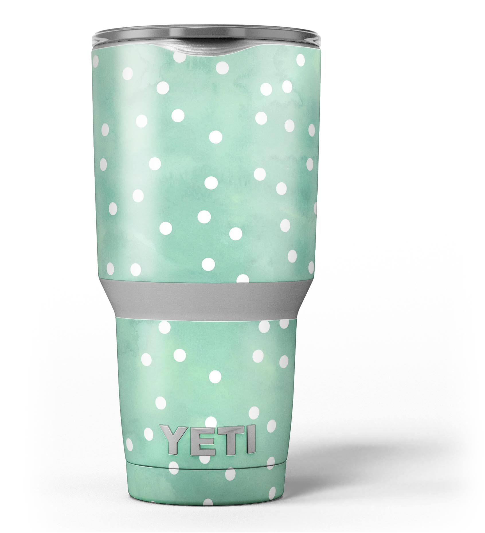 Green watercolor skin decal vinyl wrap kit with white polka dots for Yeti Cooler, showcasing a stylish design and premium quality.